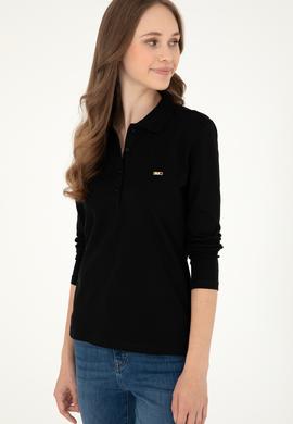 Kadın Siyah Basic Polo Yaka Sweatshirt - 50296941009