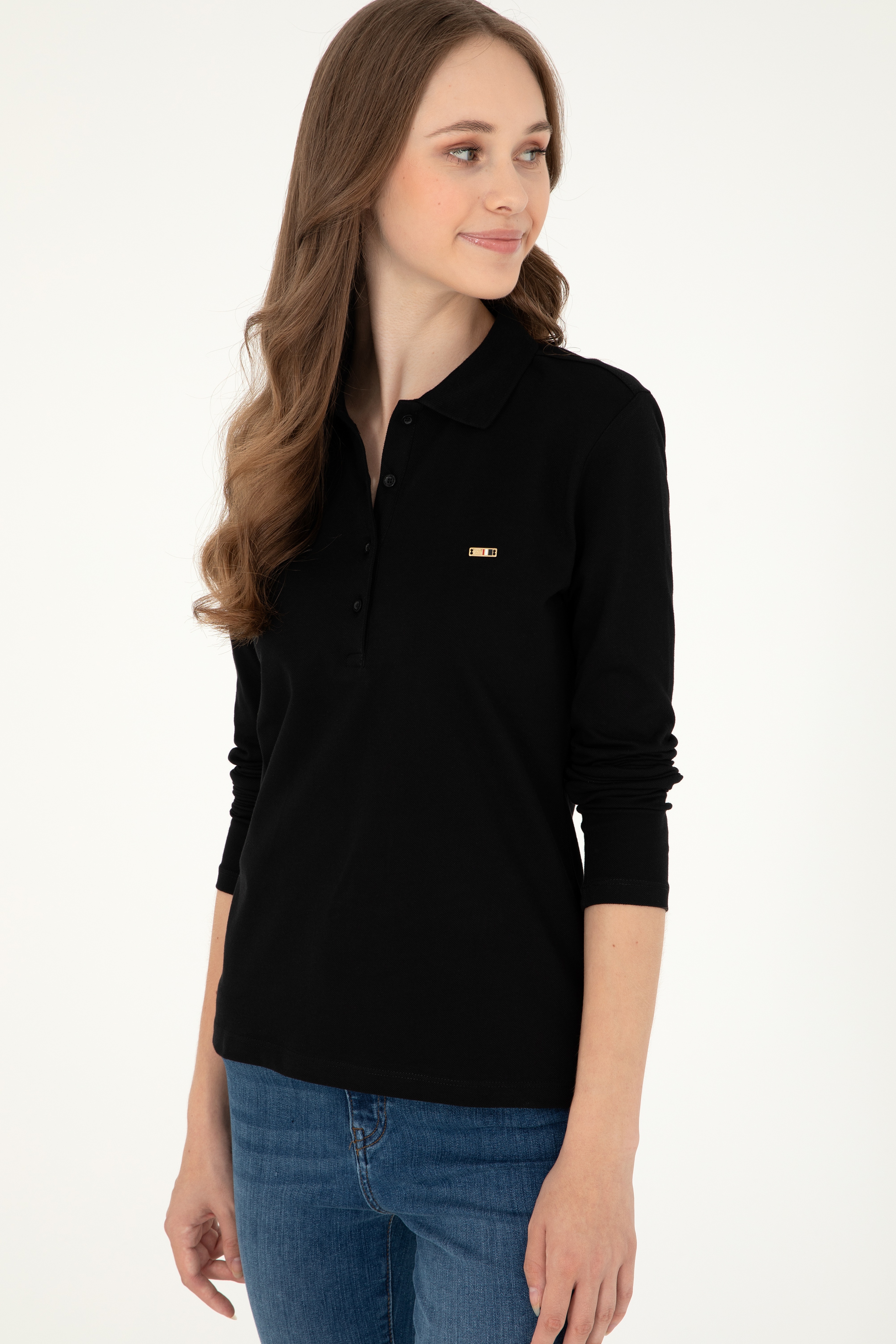 Kadın Siyah Basic Polo Yaka Sweatshirt - Image 3