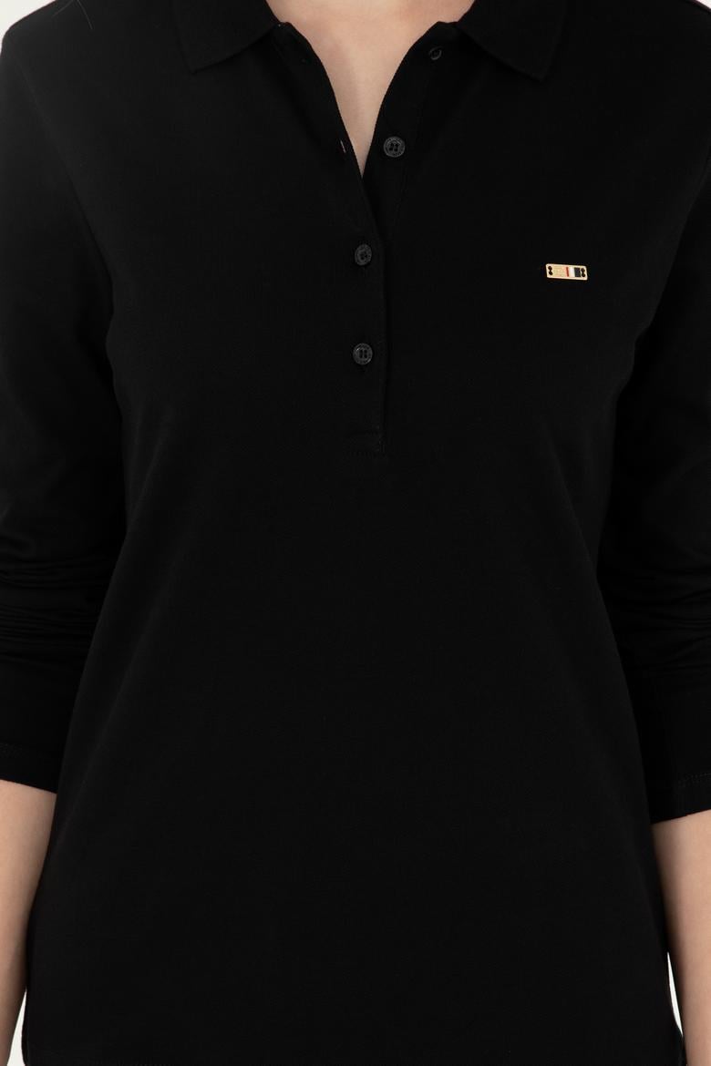 Kadın Siyah Basic Polo Yaka Sweatshirt - 50296941009