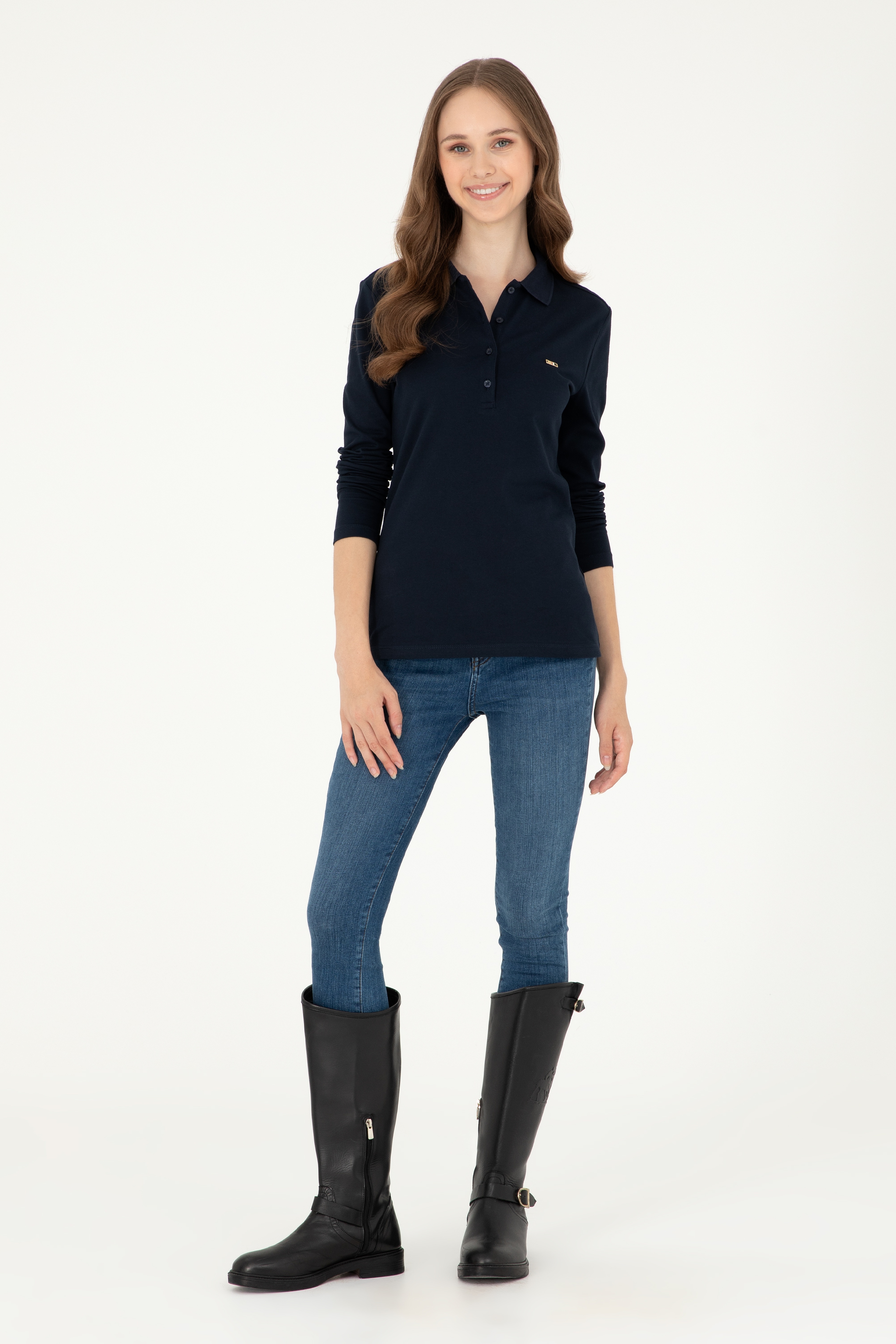 Kadın Lacivert Basic Polo Yaka Sweatshirt - Image 4