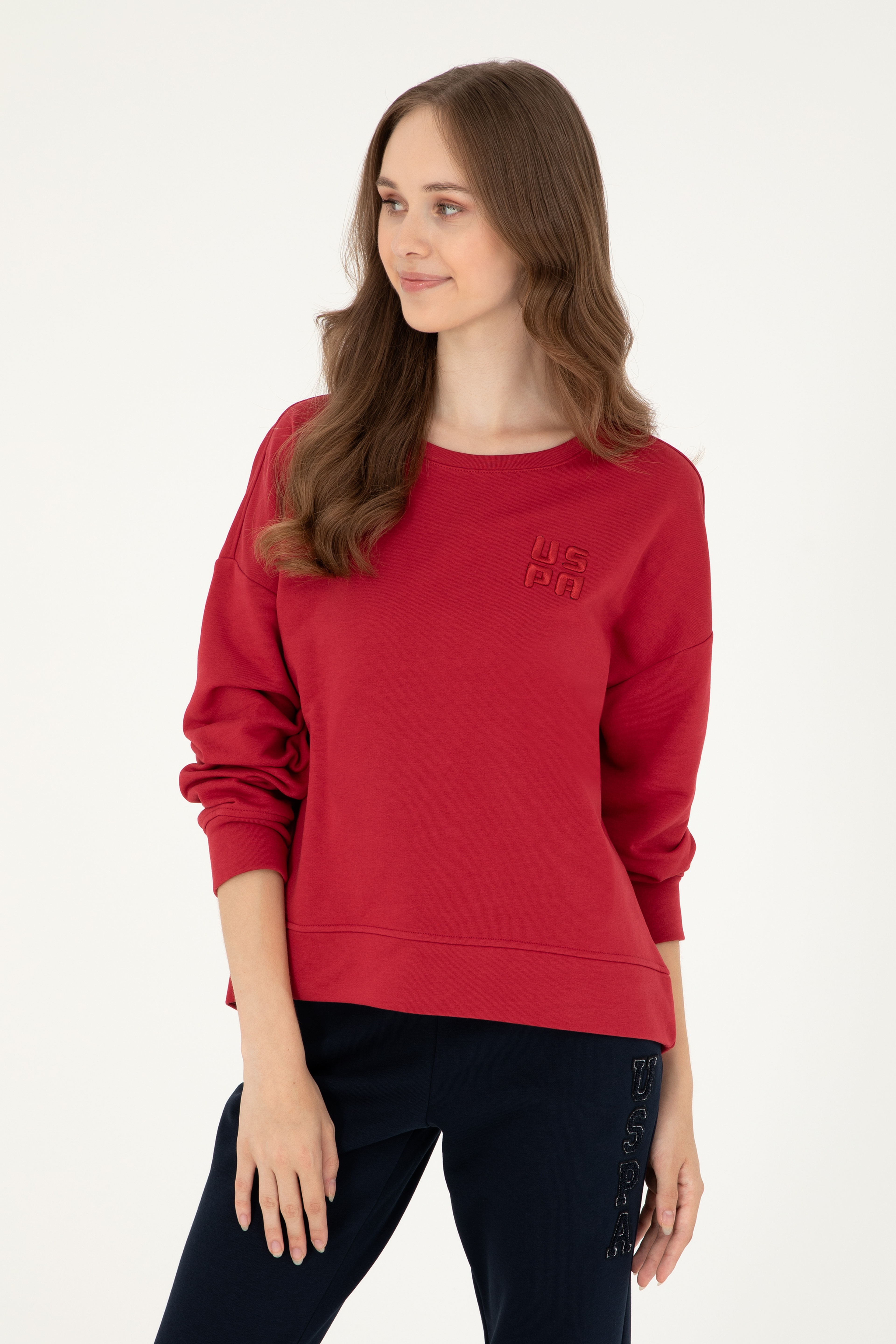 Kadın Kırmızı Basic Bisiklet Yaka Sweatshirt - Image 1