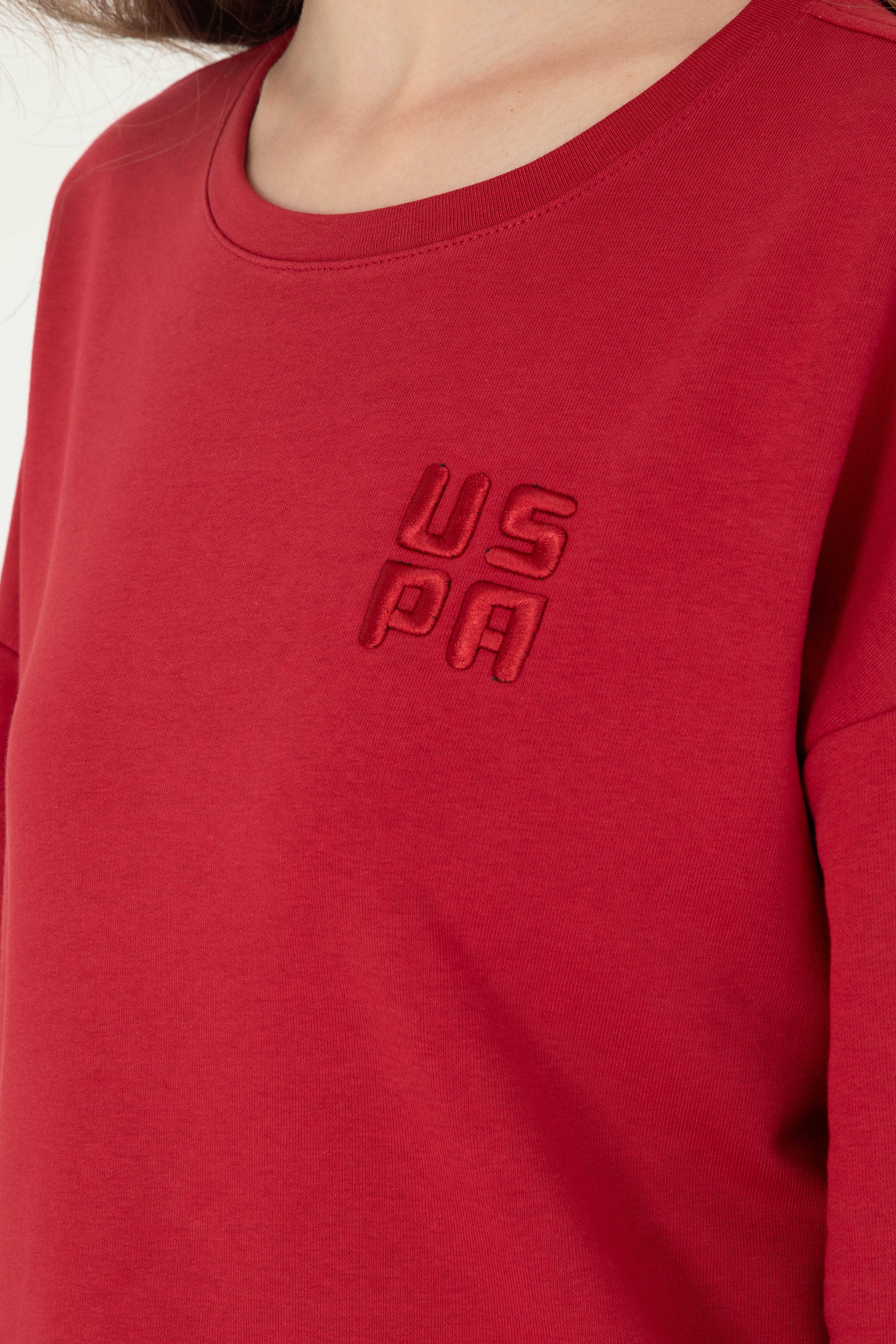 Kadın Kırmızı Basic Bisiklet Yaka Sweatshirt - Image 7