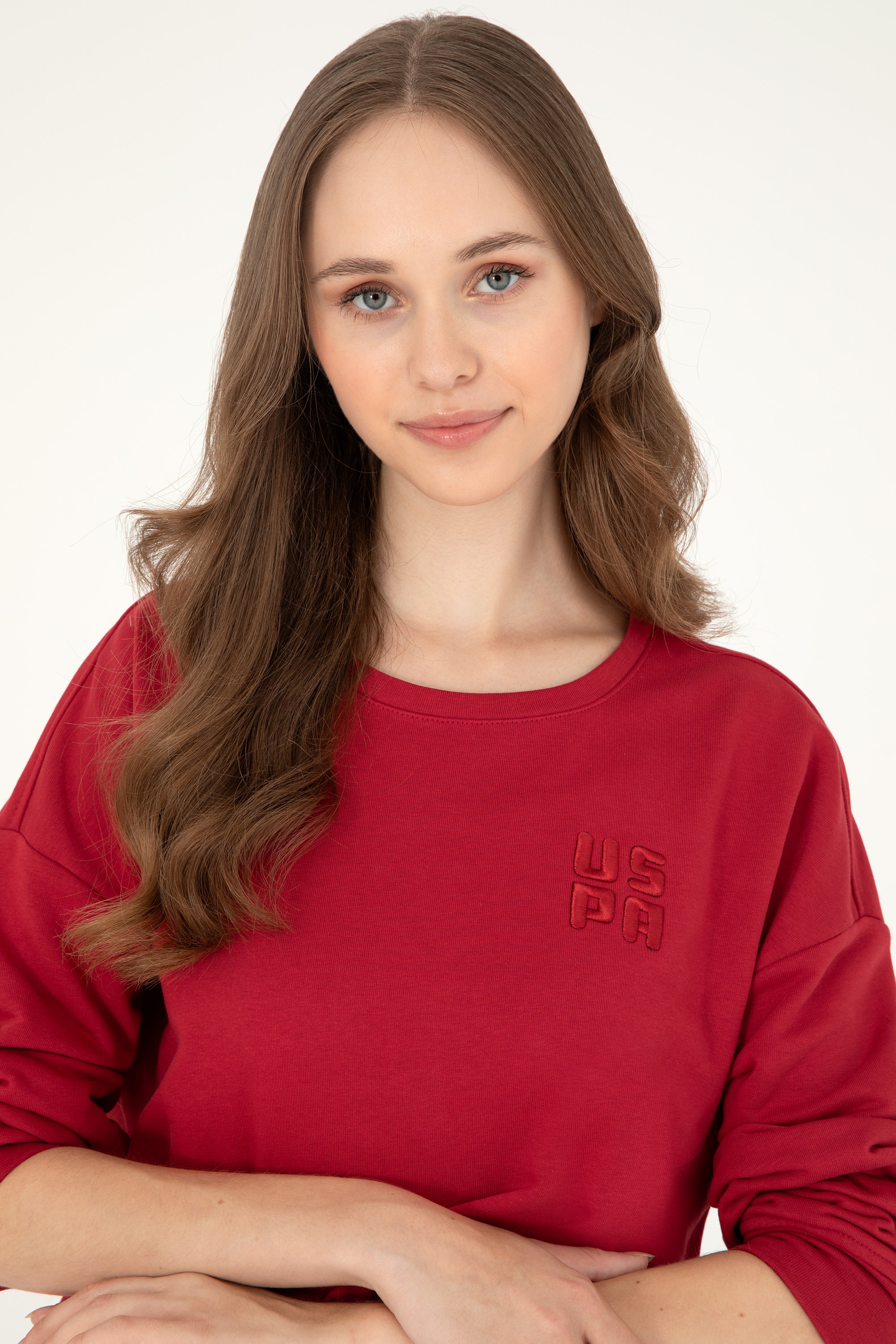 Kadın Kırmızı Basic Bisiklet Yaka Sweatshirt - Image 2