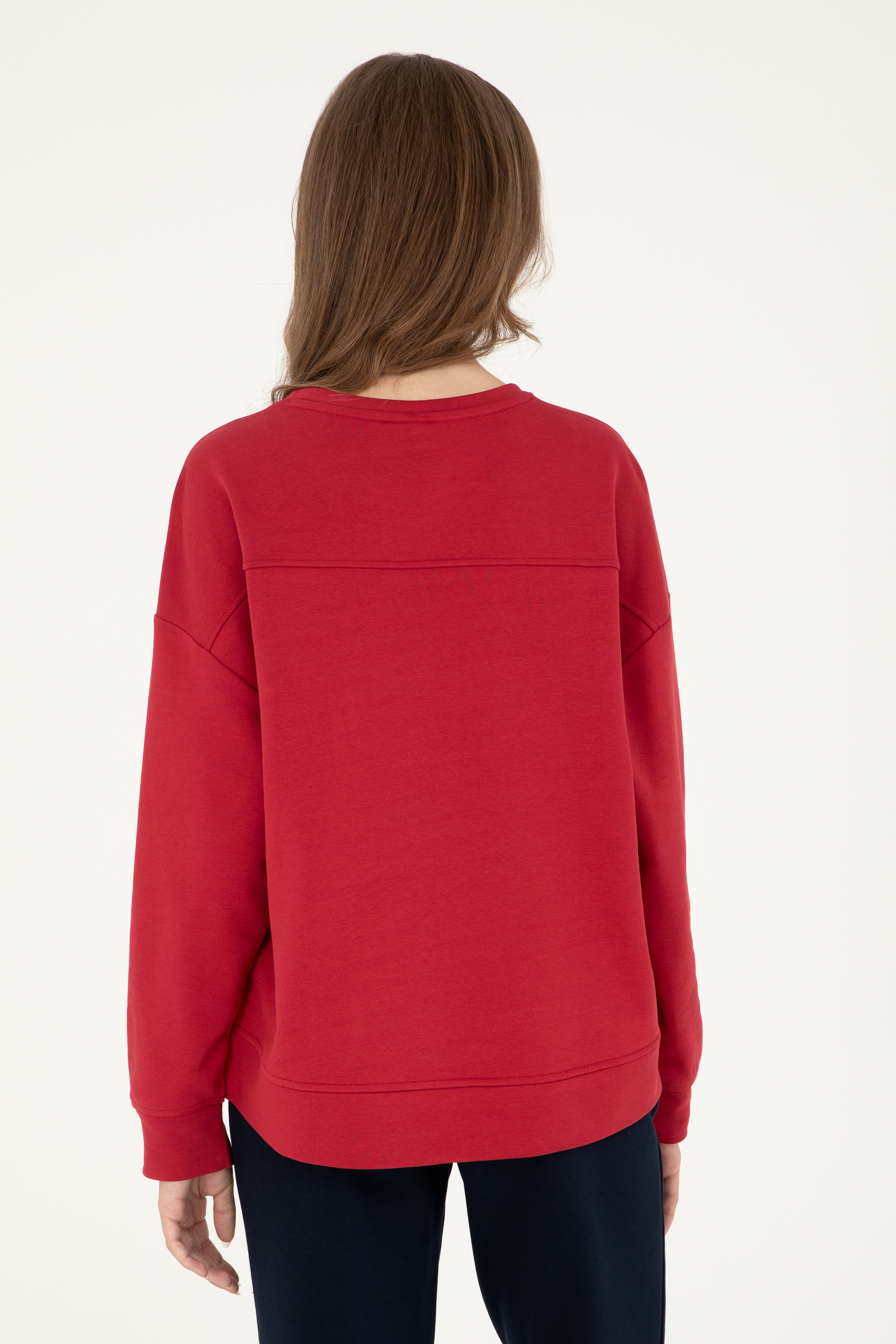 Kadın Kırmızı Basic Bisiklet Yaka Sweatshirt - Image 5