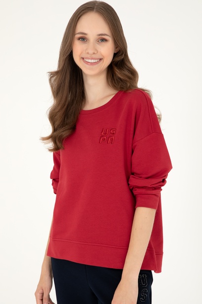 Kadın Kırmızı Basic Bisiklet Yaka Sweatshirt