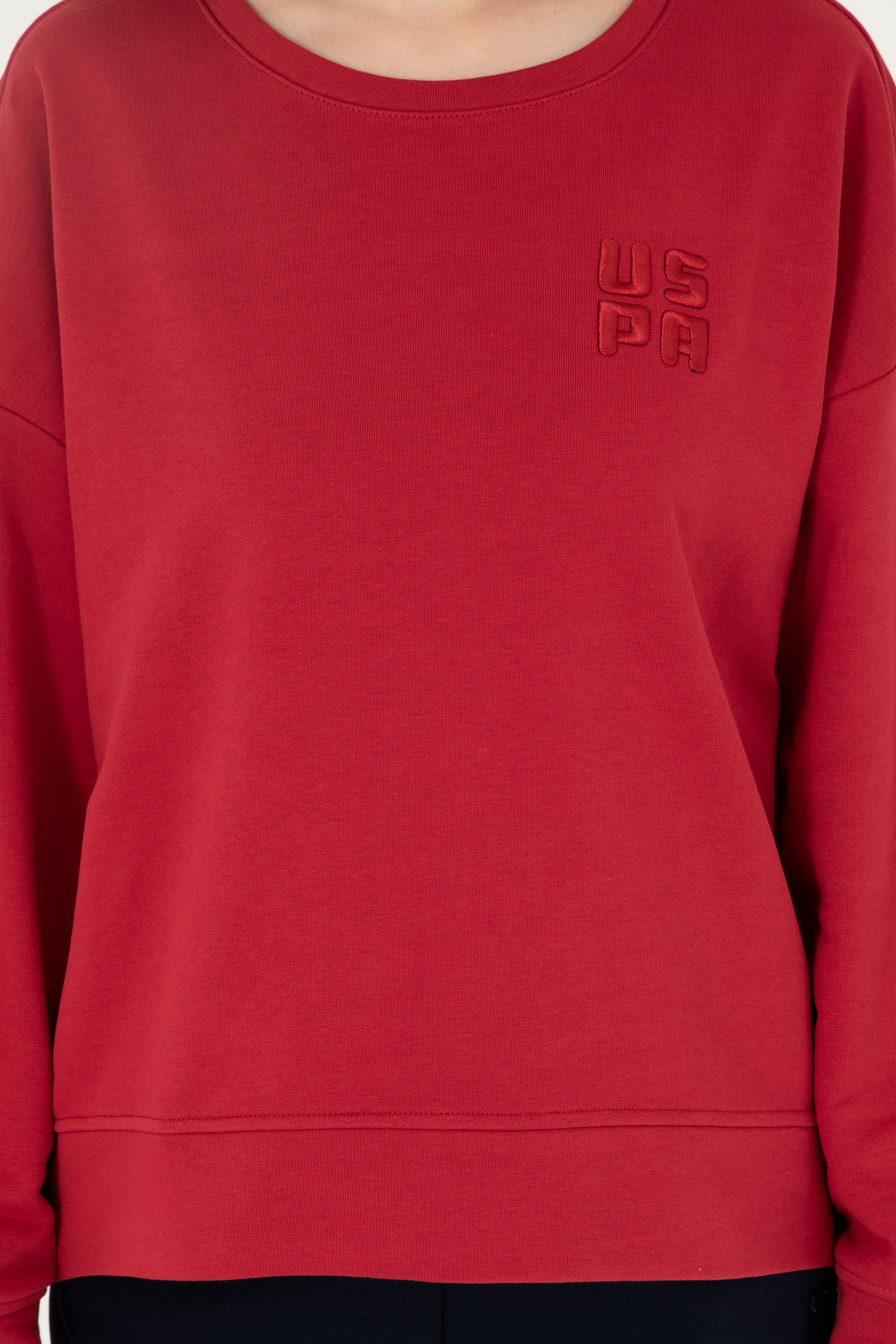 Kadın Kırmızı Basic Bisiklet Yaka Sweatshirt