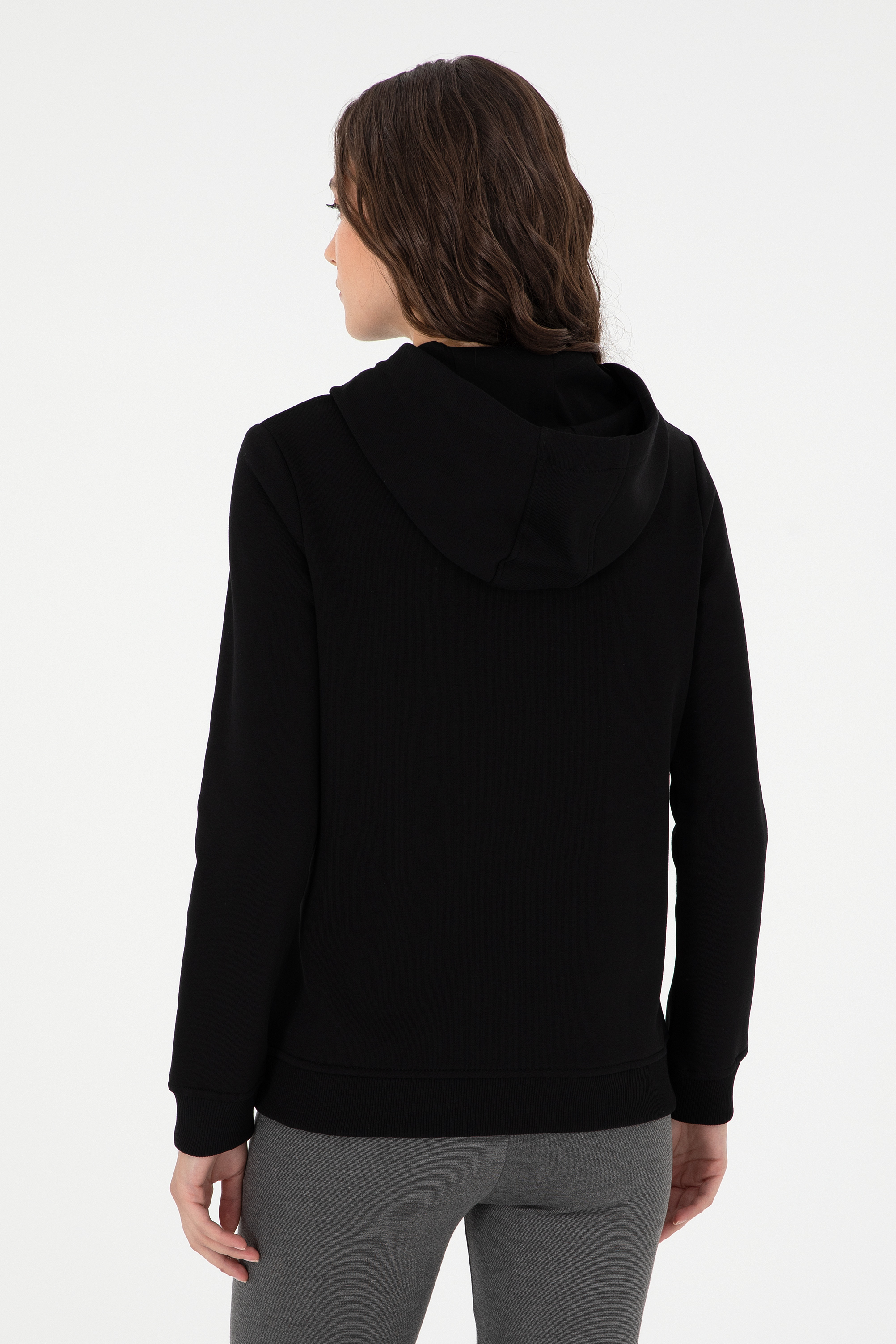 Kadın Siyah Basic Kapüşonlu Sweatshirt - Image 5