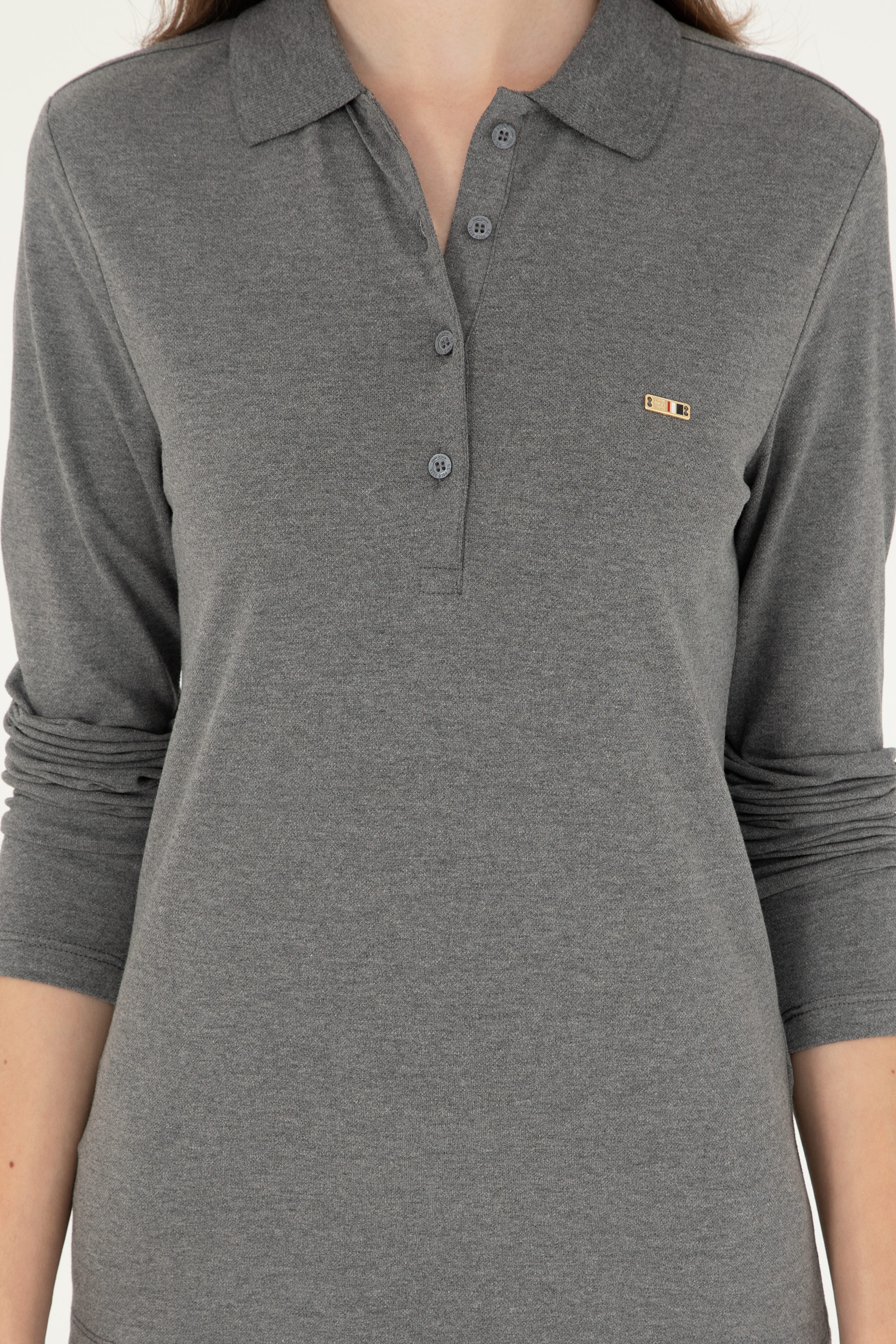 Kadın Antrasit Melanj Basic Polo Yaka Sweatshirt