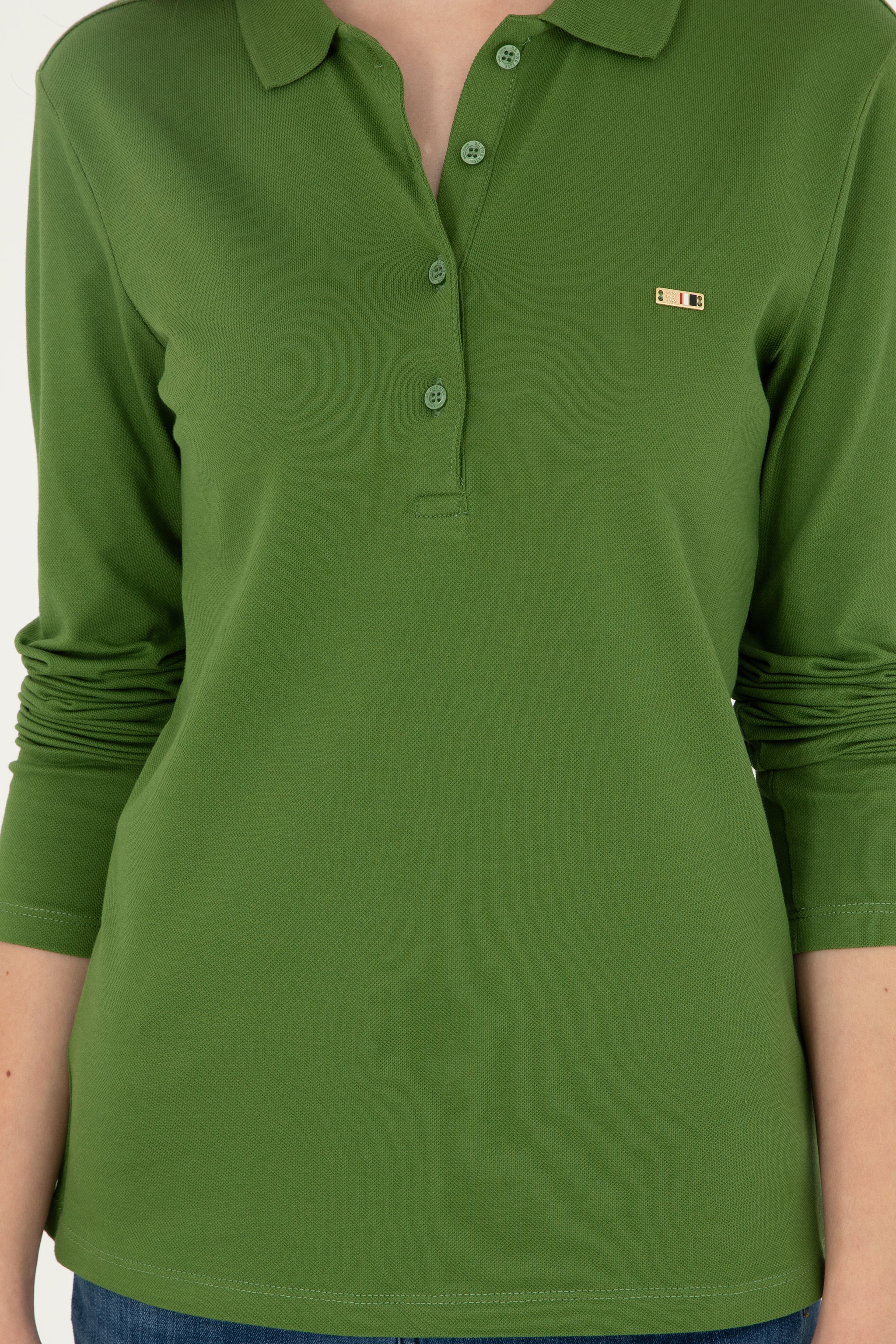 Kadın Yeşil Basic Polo Yaka Sweatshirt