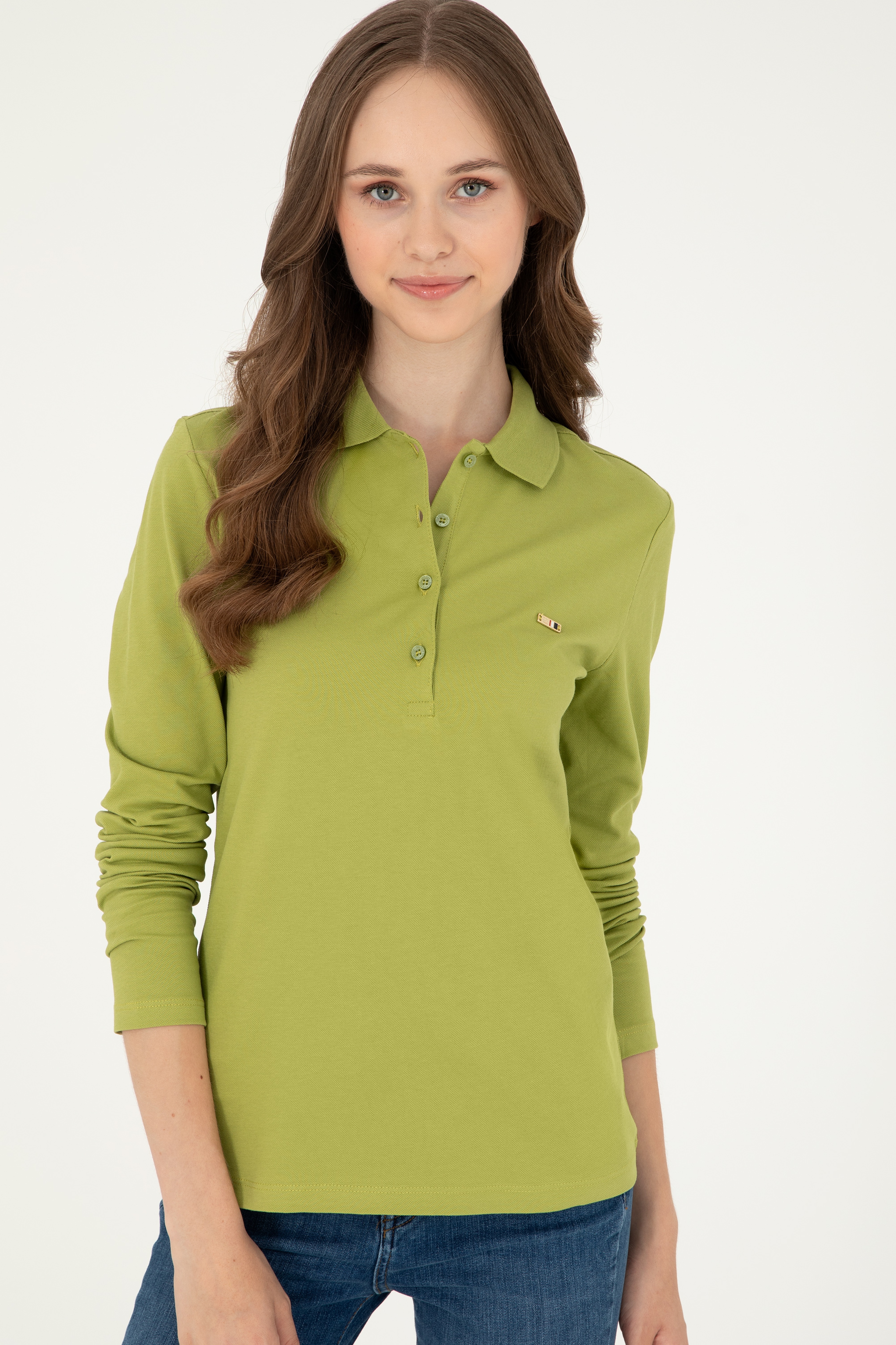 Kadın Fıstık Yeşili Basic Polo Yaka Sweatshirt - Image 3
