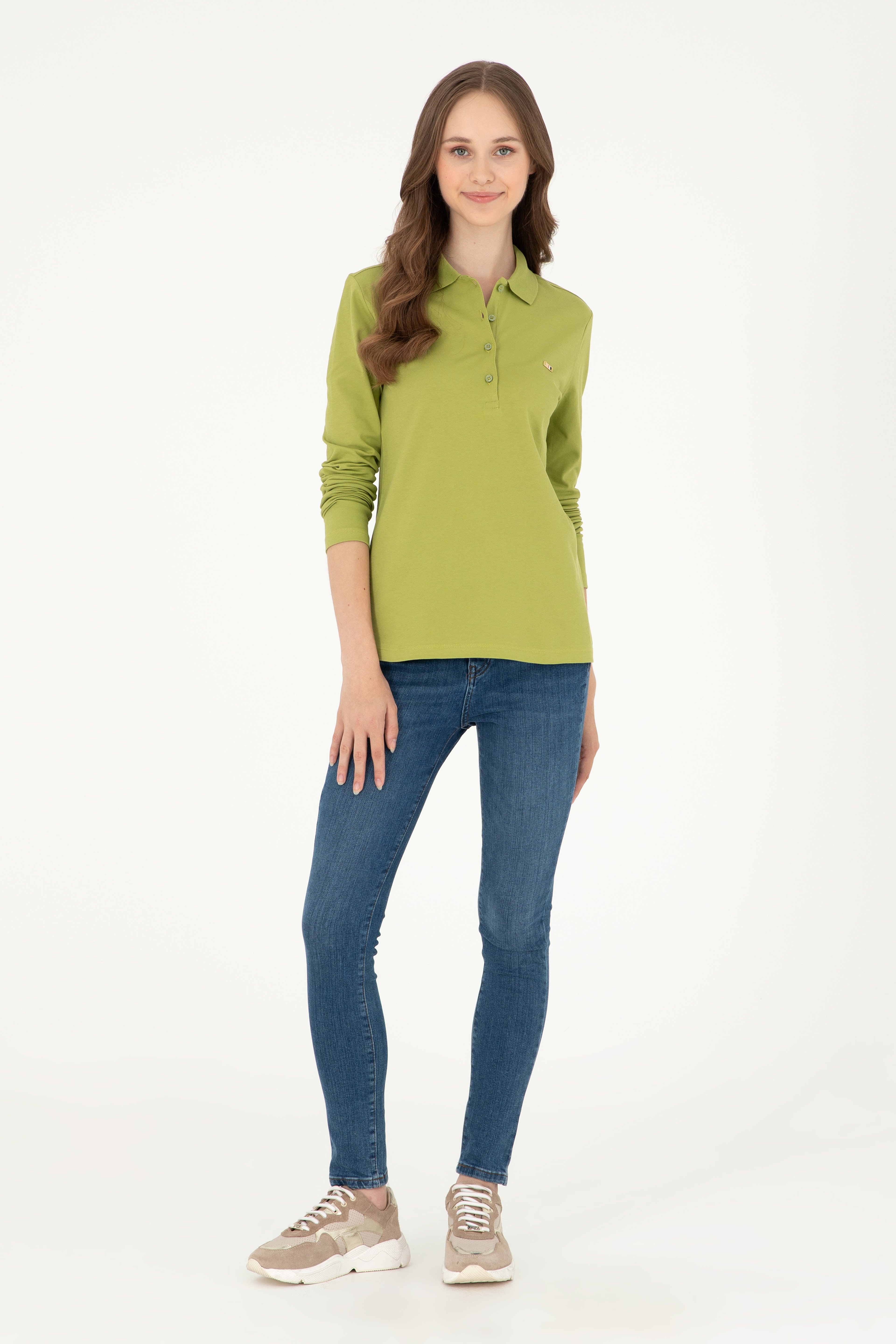 Kadın Fıstık Yeşili Basic Polo Yaka Sweatshirt - Image 4