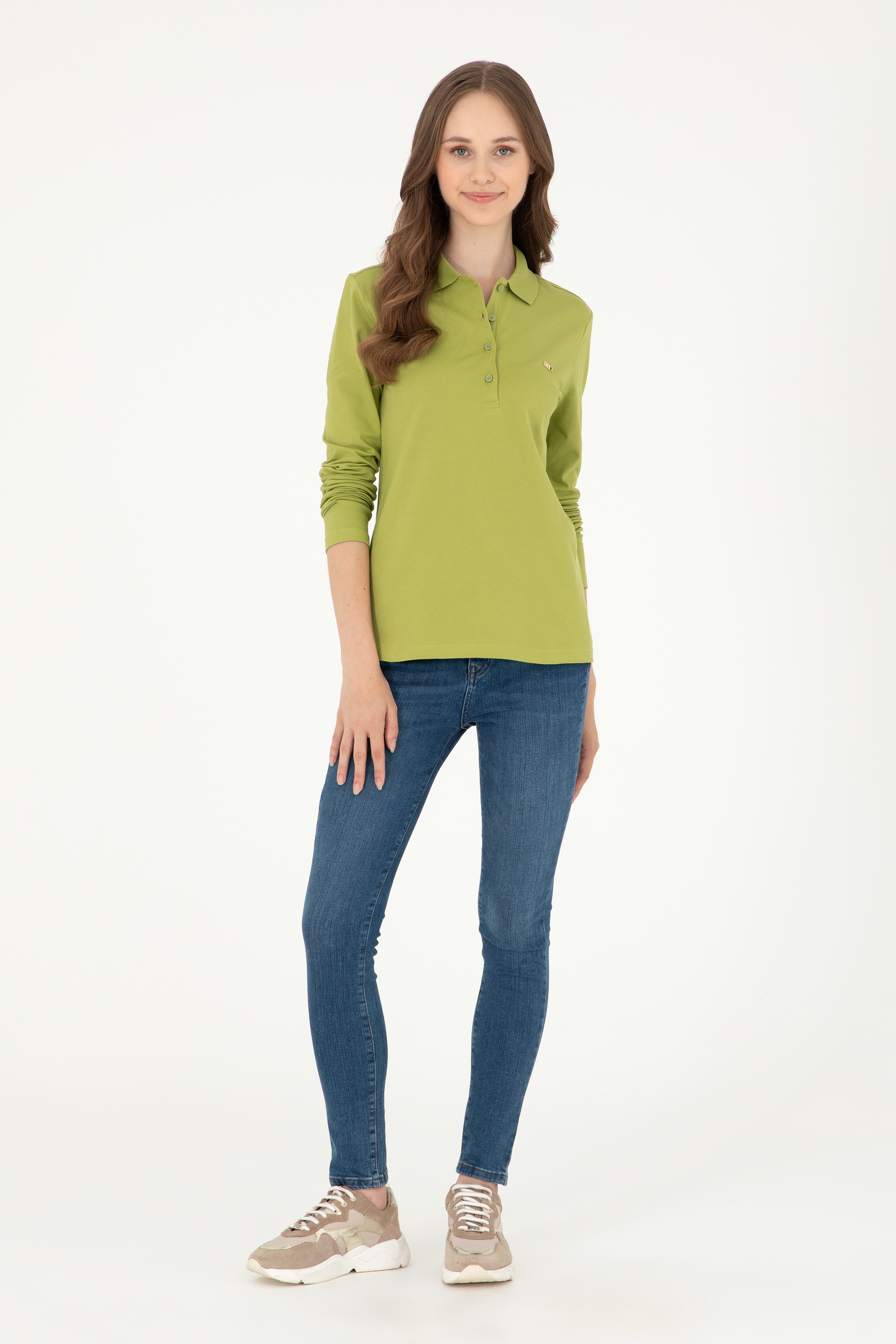 Kadın Fıstık Yeşili Basic Polo Yaka Sweatshirt