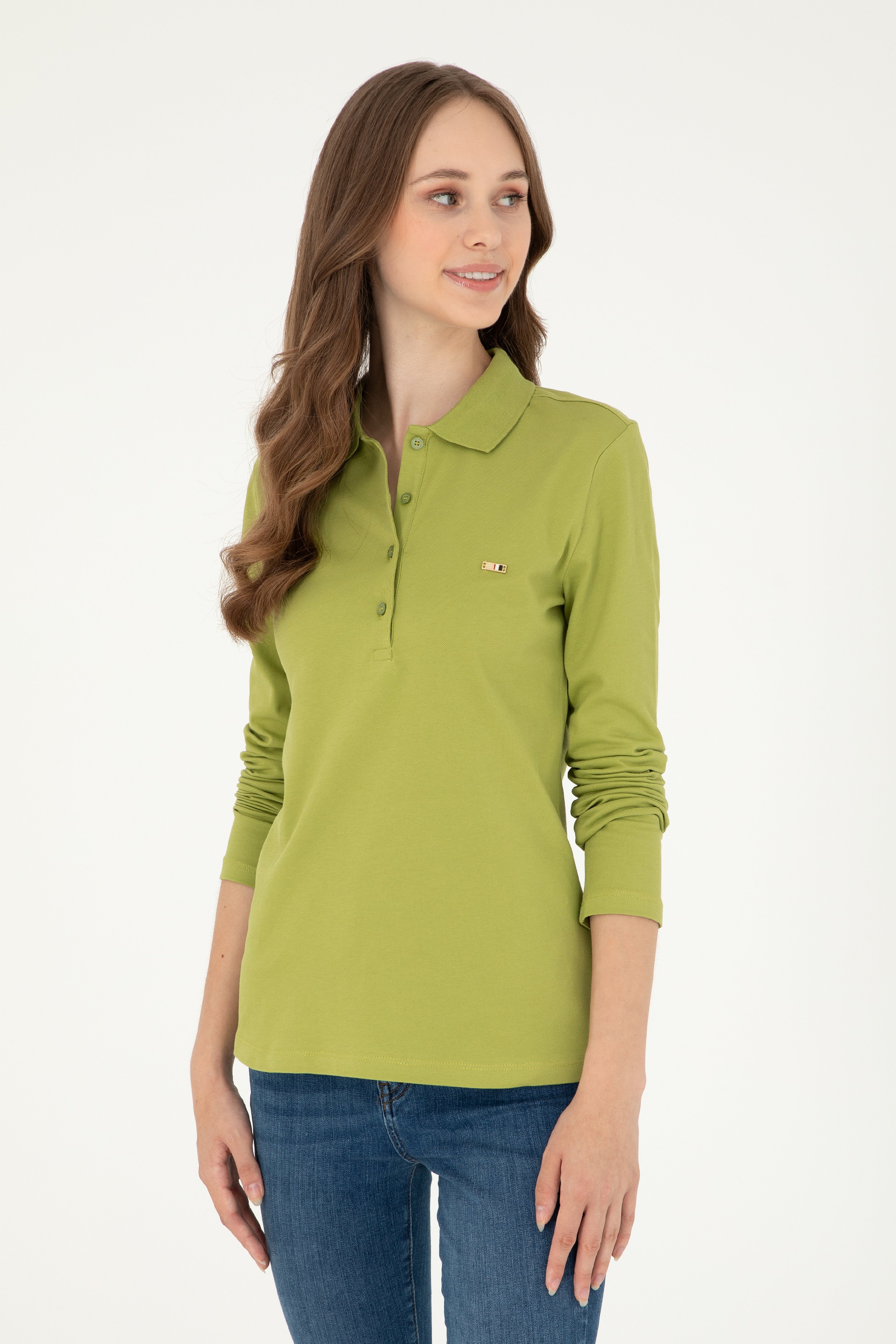 Kadın Fıstık Yeşili Basic Polo Yaka Sweatshirt - Image 1