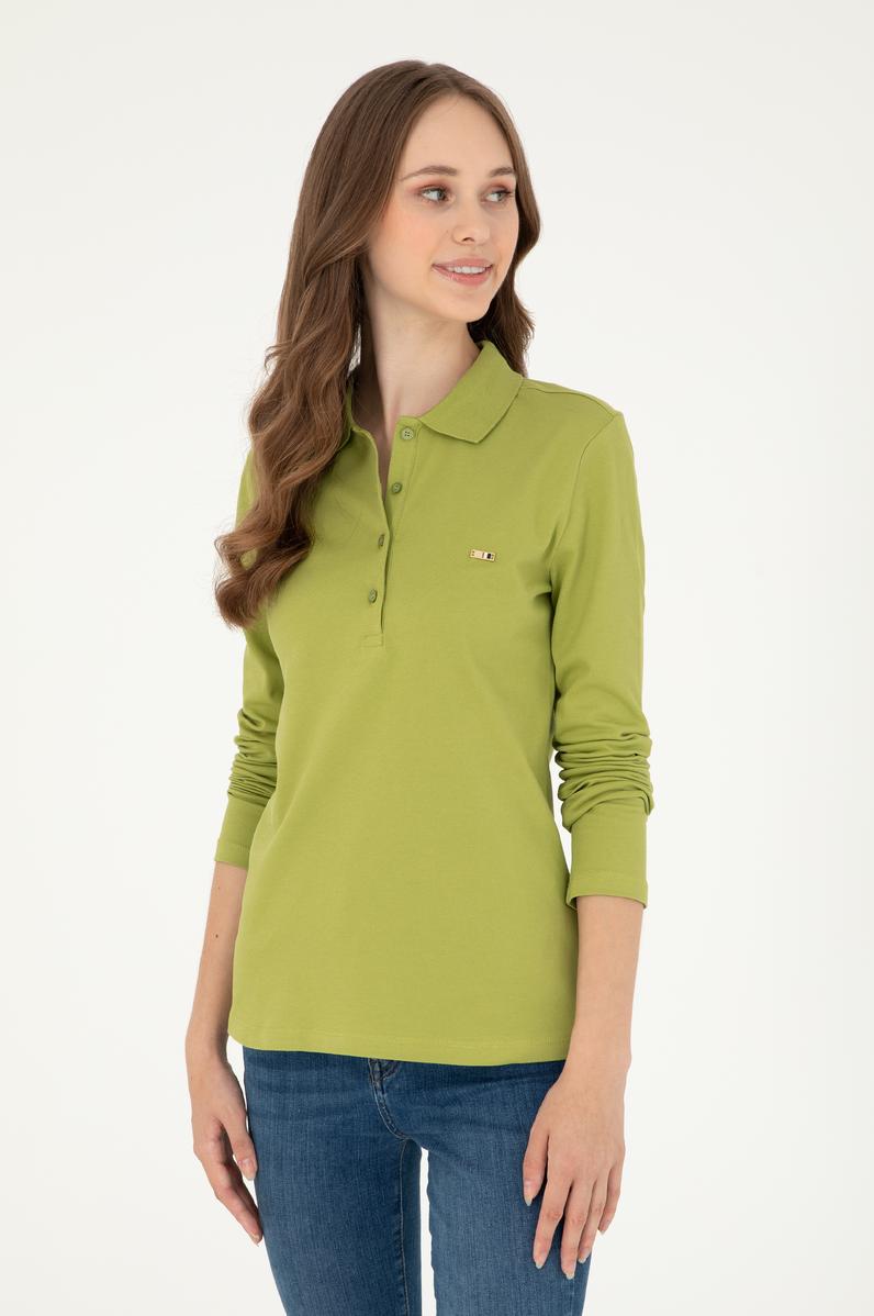 Kadın Fıstık Yeşili Basic Polo Yaka Sweatshirt