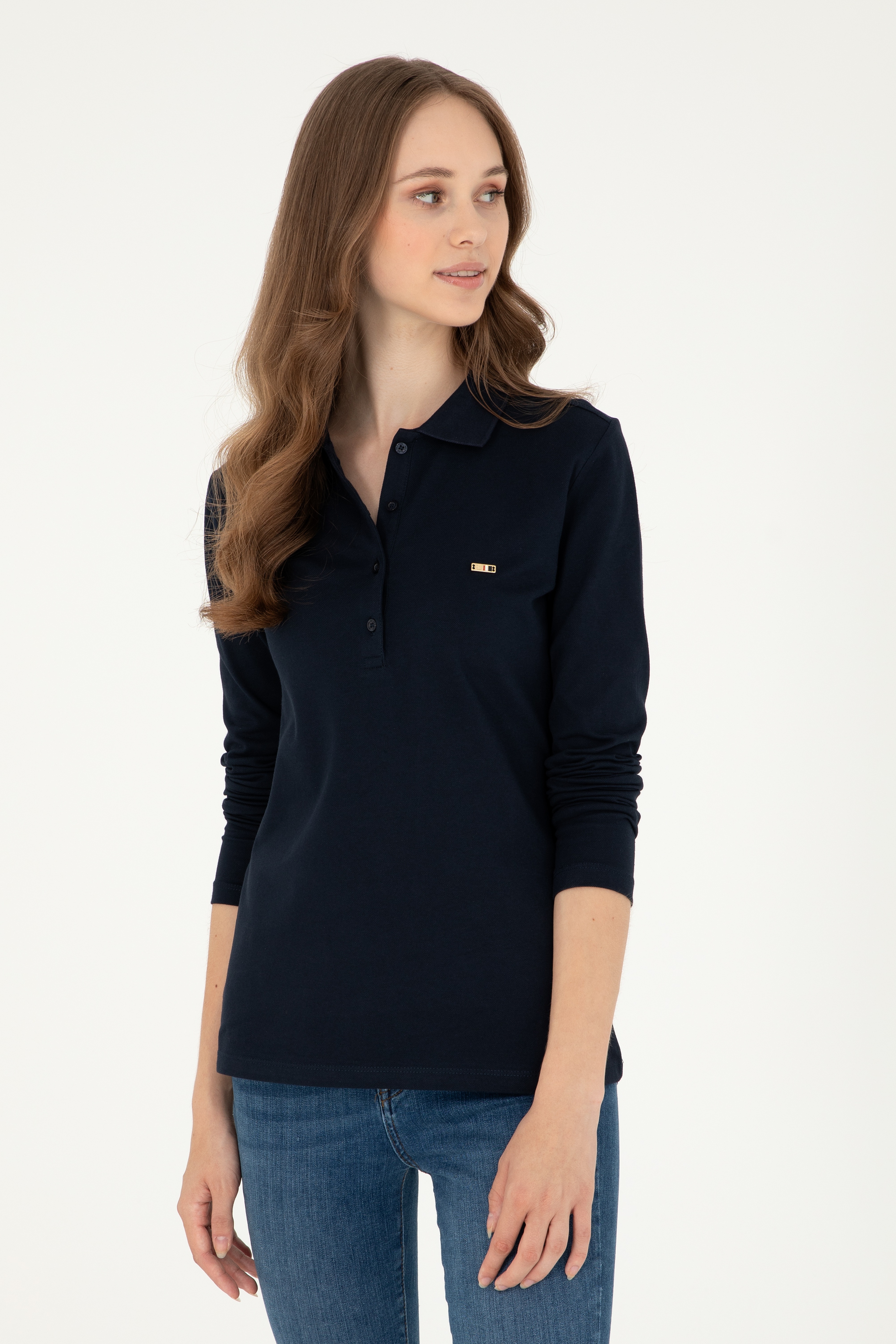 Kadın Lacivert Basic Polo Yaka Sweatshirt - Image 1