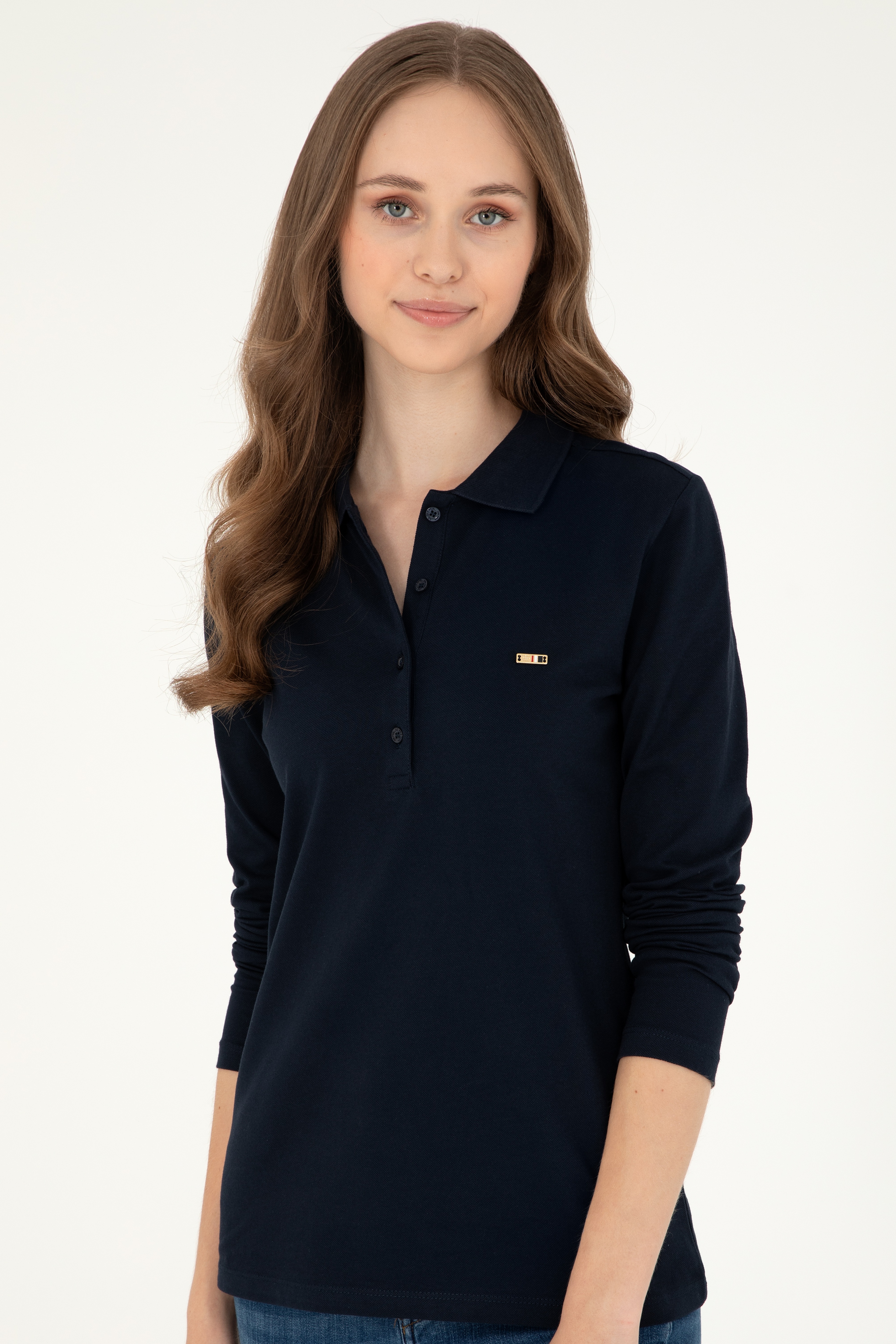 Kadın Lacivert Basic Polo Yaka Sweatshirt