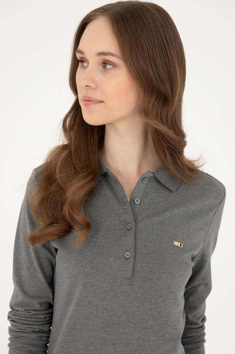 Kadın Antrasit Melanj Basic Polo Yaka Sweatshirt