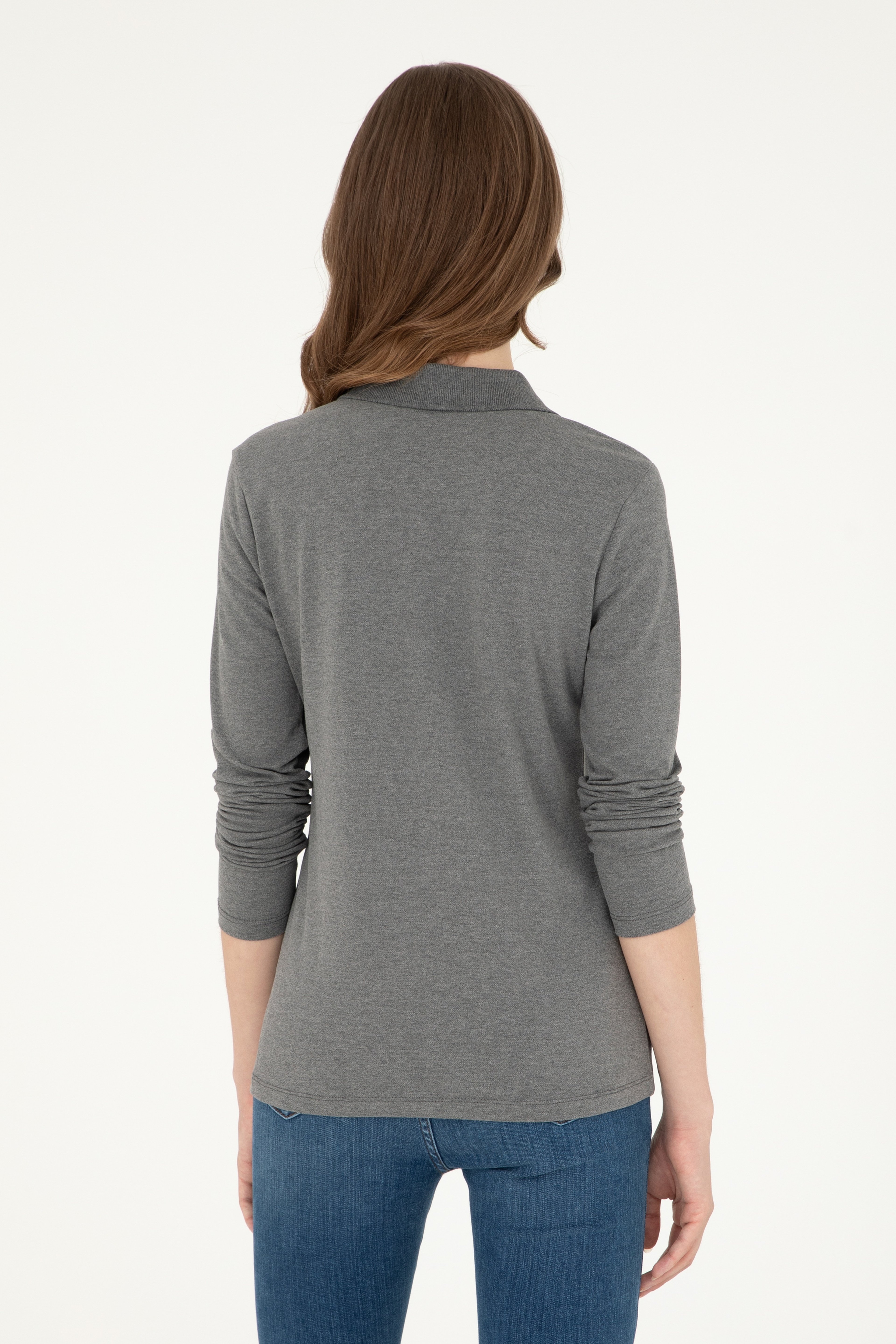 Kadın Antrasit Melanj Basic Polo Yaka Sweatshirt