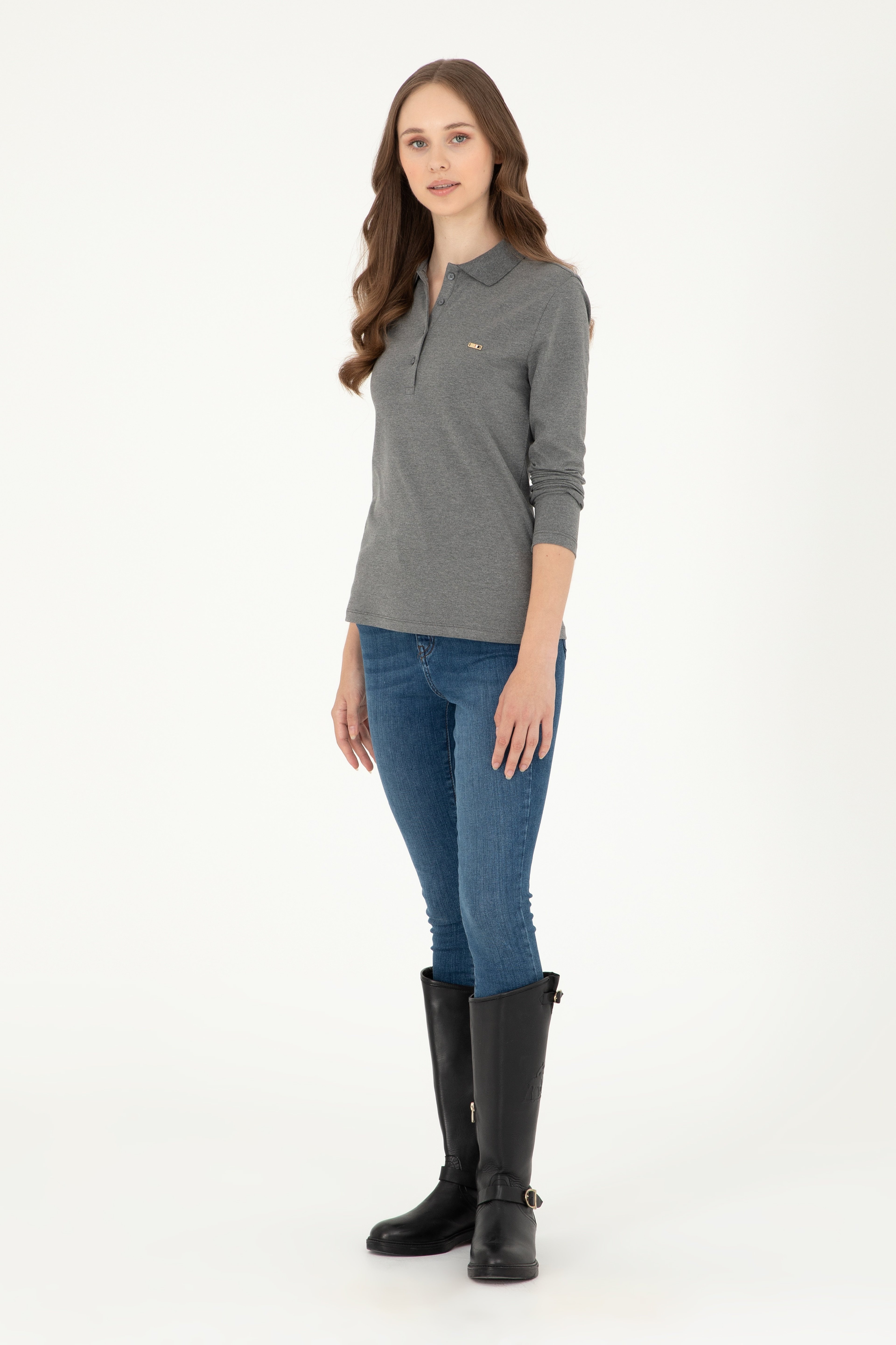 Kadın Antrasit Melanj Basic Polo Yaka Sweatshirt