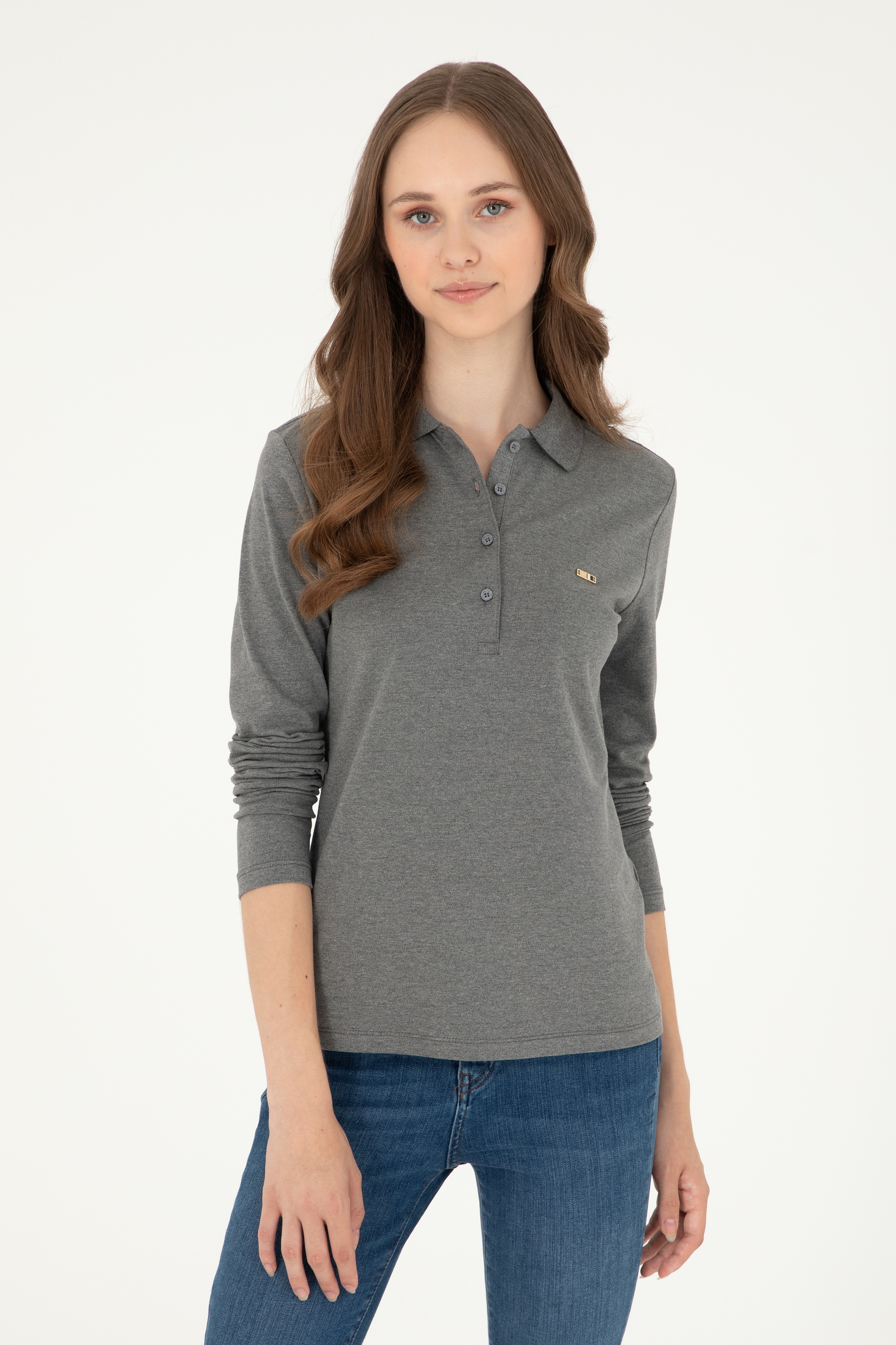 Kadın Antrasit Melanj Basic Polo Yaka Sweatshirt - Image 1