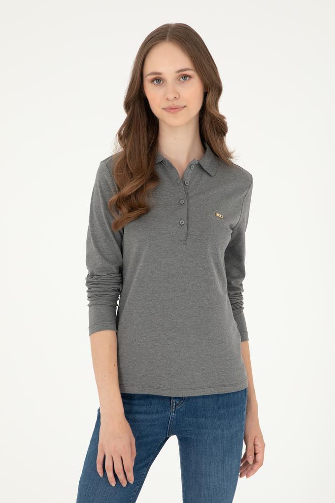 Kadın Antrasit Melanj Basic Polo Yaka Sweatshirt