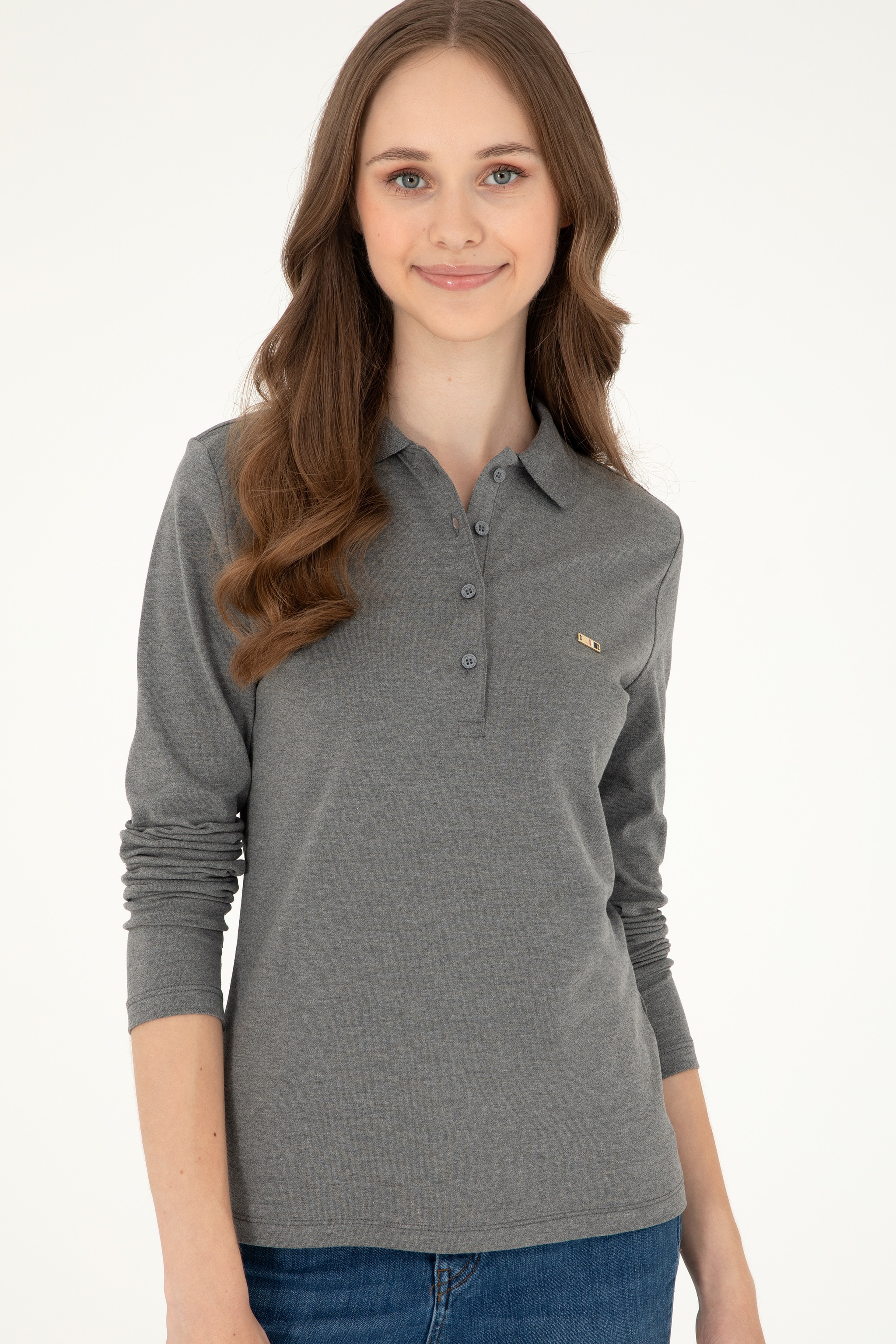 Kadın Antrasit Melanj Basic Polo Yaka Sweatshirt - Image 3