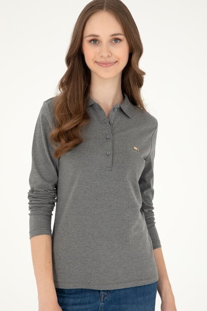 Kadın Antrasit Melanj Basic Polo Yaka Sweatshirt