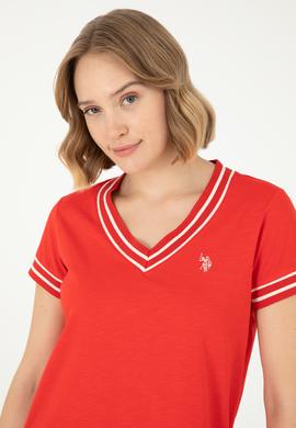 Kadın Kırmızı V Yaka Tişört - 50285848028