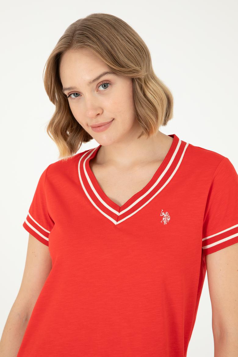 Kadın Kırmızı V Yaka Tişört - 50285848028