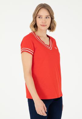 Kadın Kırmızı V Yaka Tişört - 50285848028