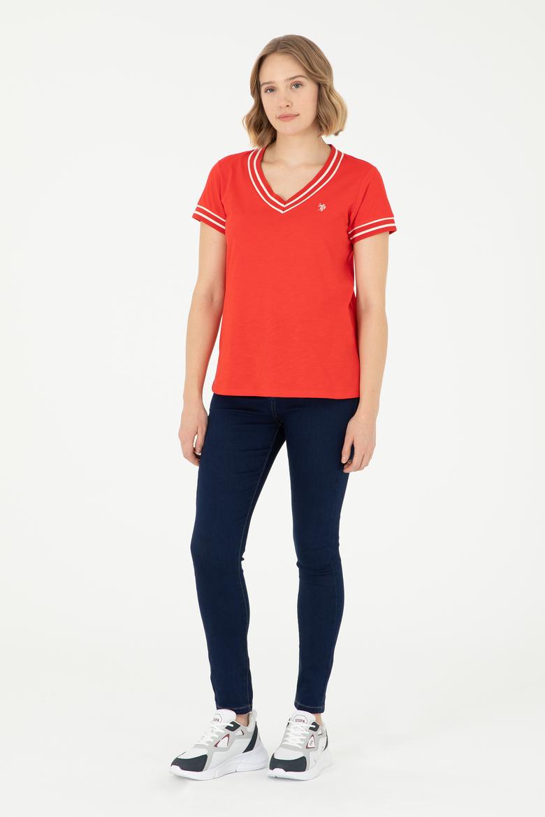Kadın Kırmızı V Yaka Tişört - 50285848028