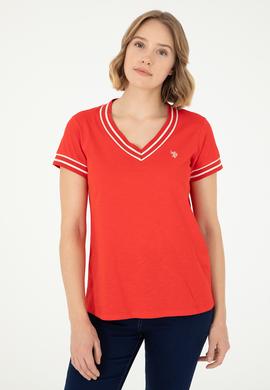 Kadın Kırmızı V Yaka Tişört - 50285848028