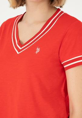 Kadın Kırmızı V Yaka Tişört - 50285848028