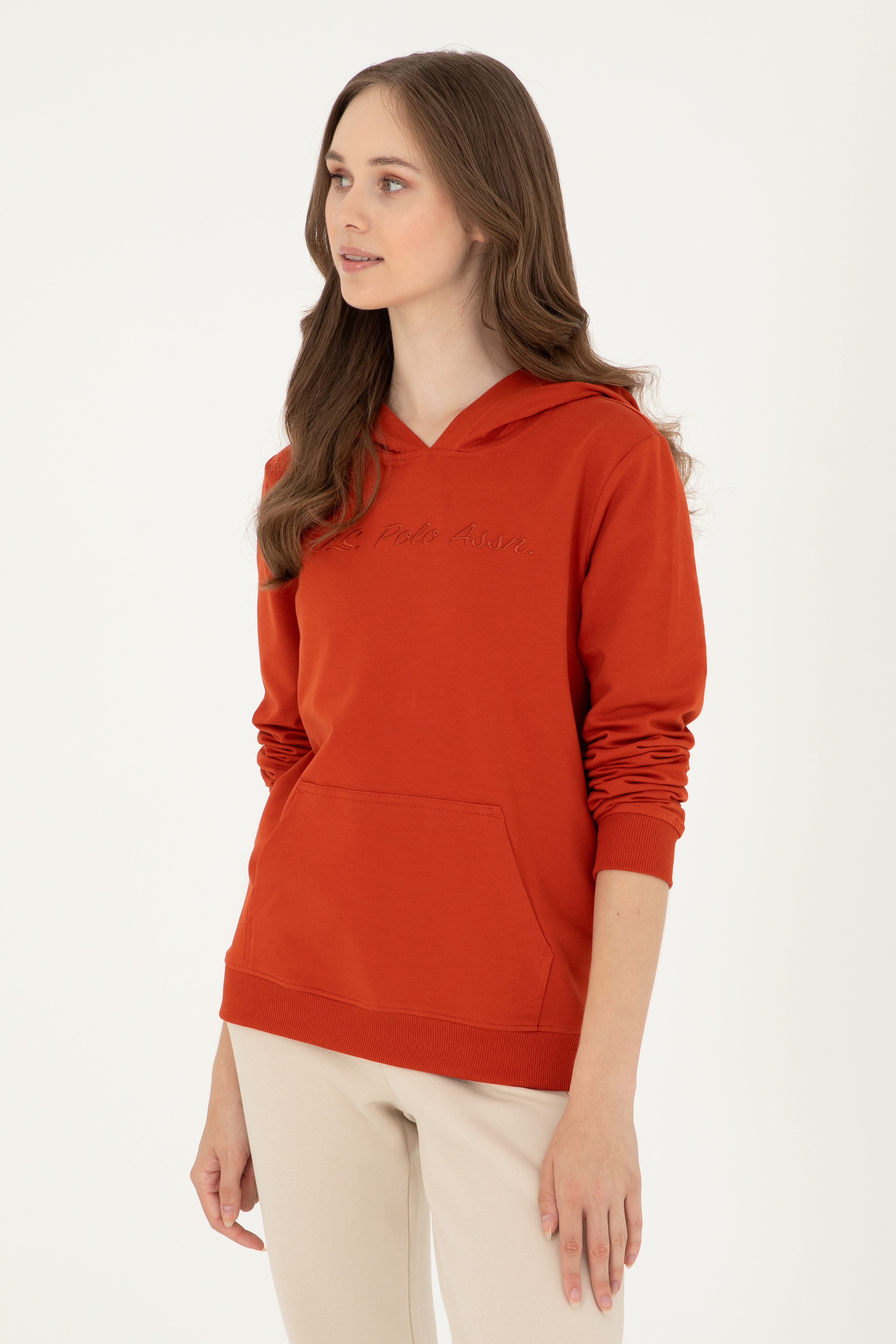 Kadın Kiremit Kapüşonlu Sweatshirt - Image 1