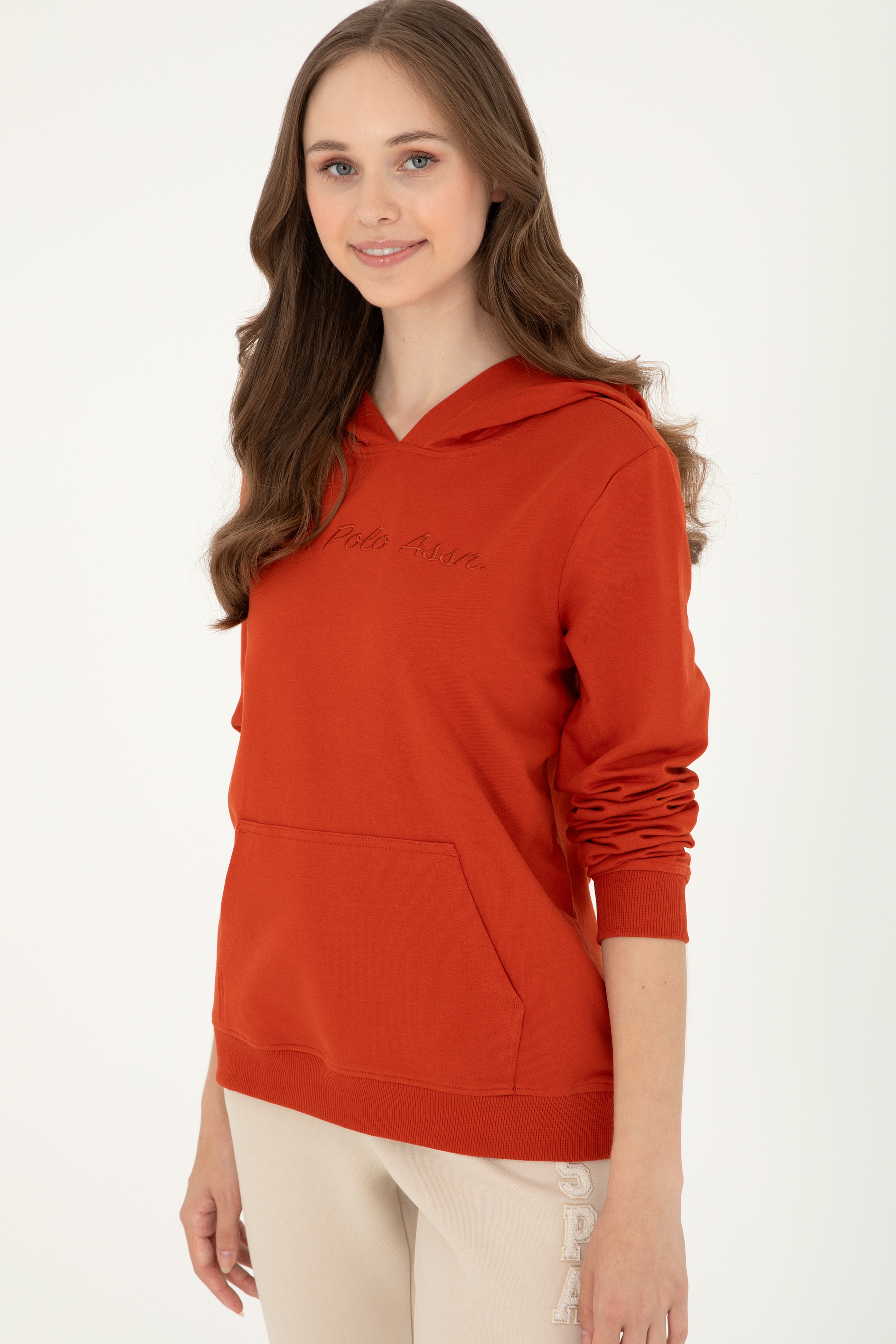 Kadın Kiremit Kapüşonlu Sweatshirt - Image 3