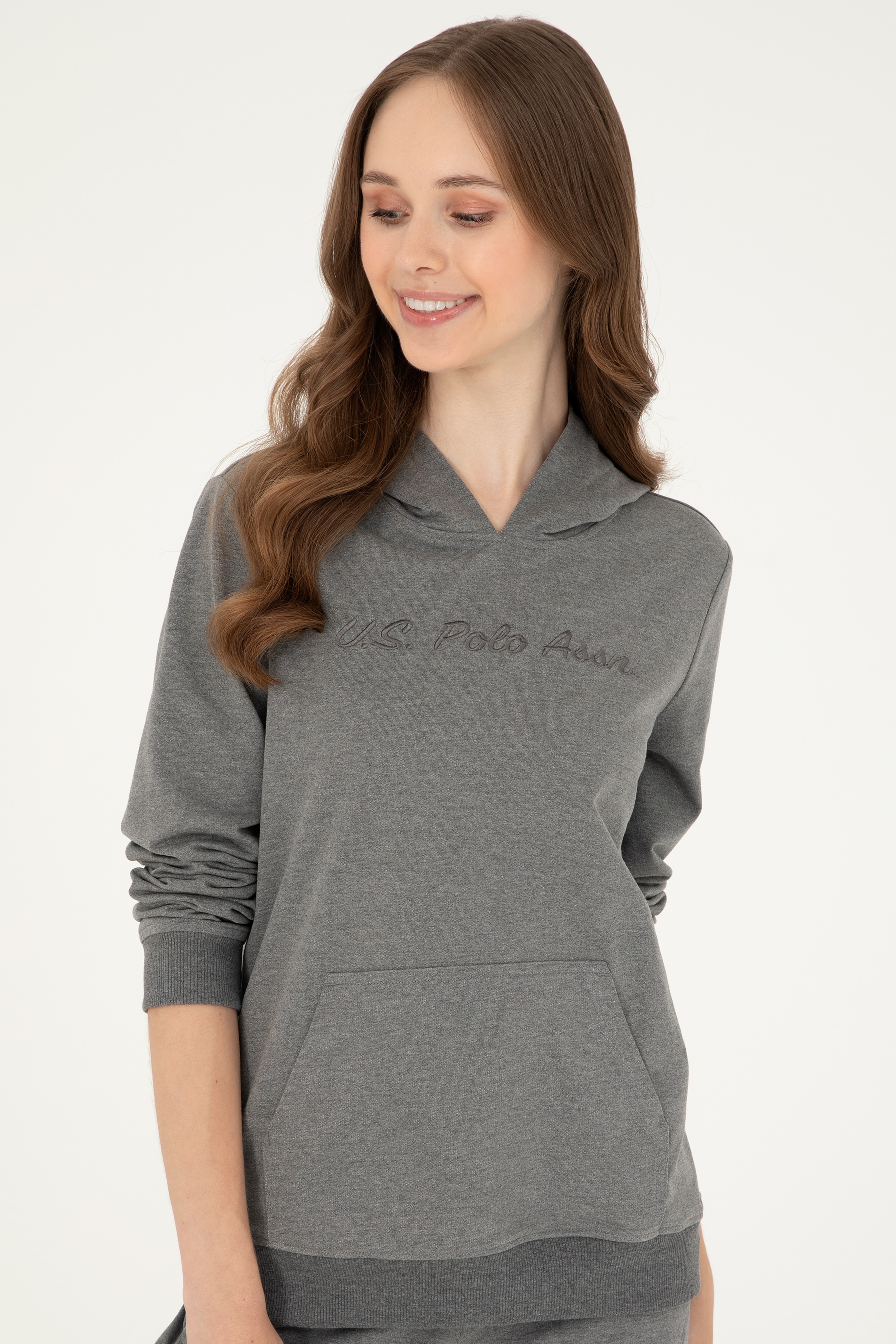 Kadın Antrasit Melanj Kapüşonlu Sweatshirt - Image 3
