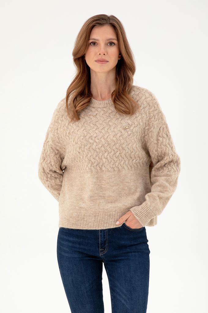 Kadın Kum Melanj Bisiklet Yaka Kazak