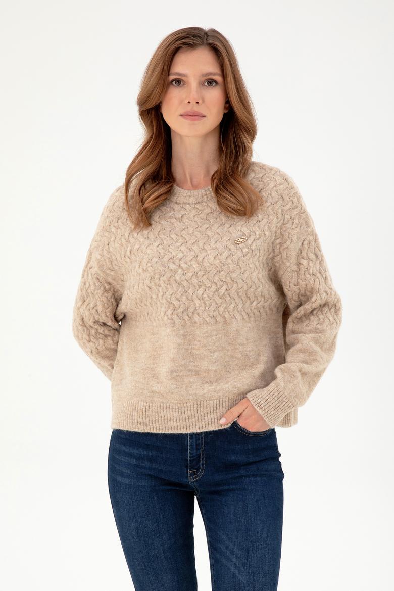 Kadın Kum Melanj Bisiklet Yaka Kazak