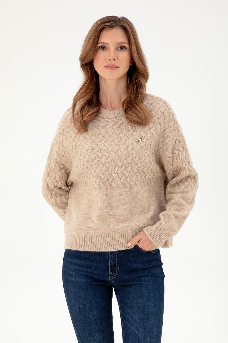 Kadın Kum Melanj Bisiklet Yaka Kazak