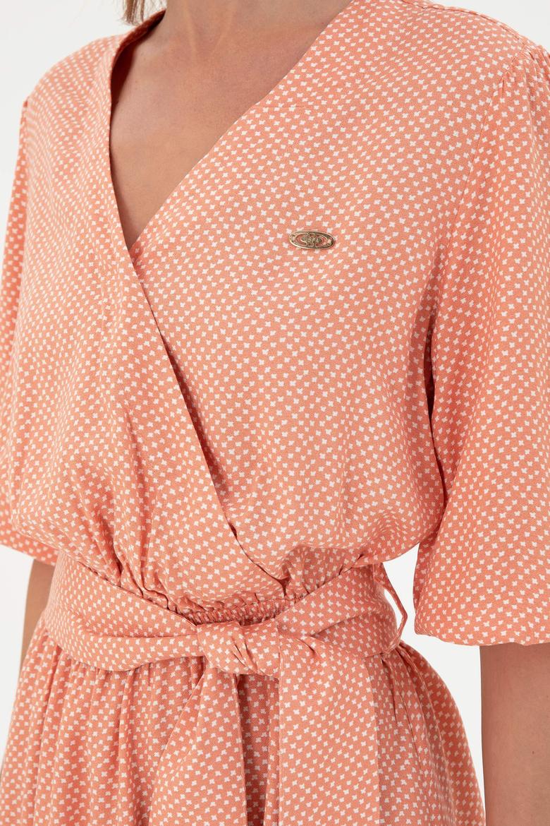 Kadın Somon Kemerli Mini Boy Dokuma Elbise - 50289338007