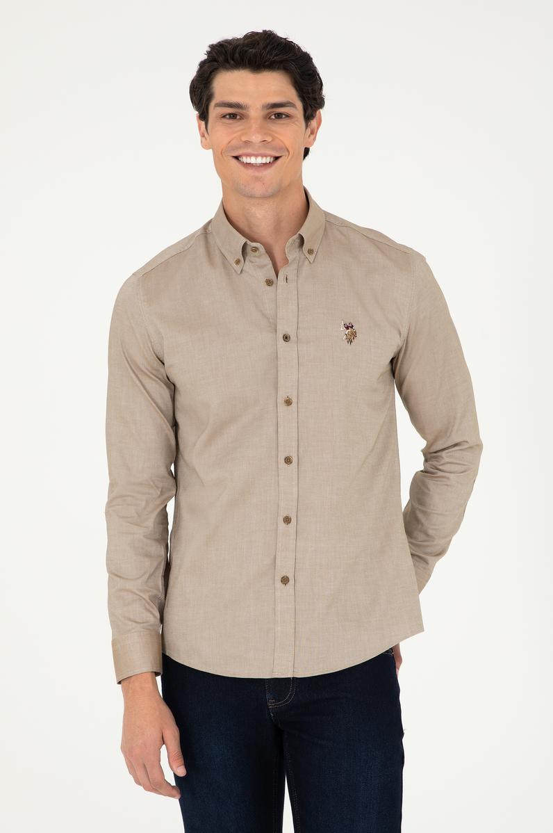 Erkek Haki Uzun Kollu Basic Gömlek