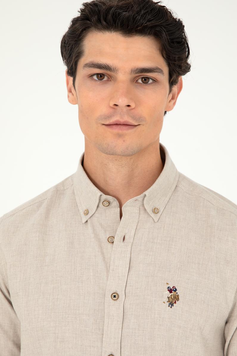 Erkek Bej Uzun Kollu Basic Gömlek