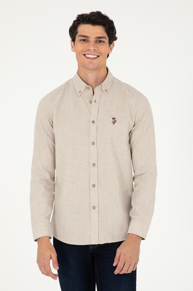 Erkek Bej Uzun Kollu Basic Gömlek