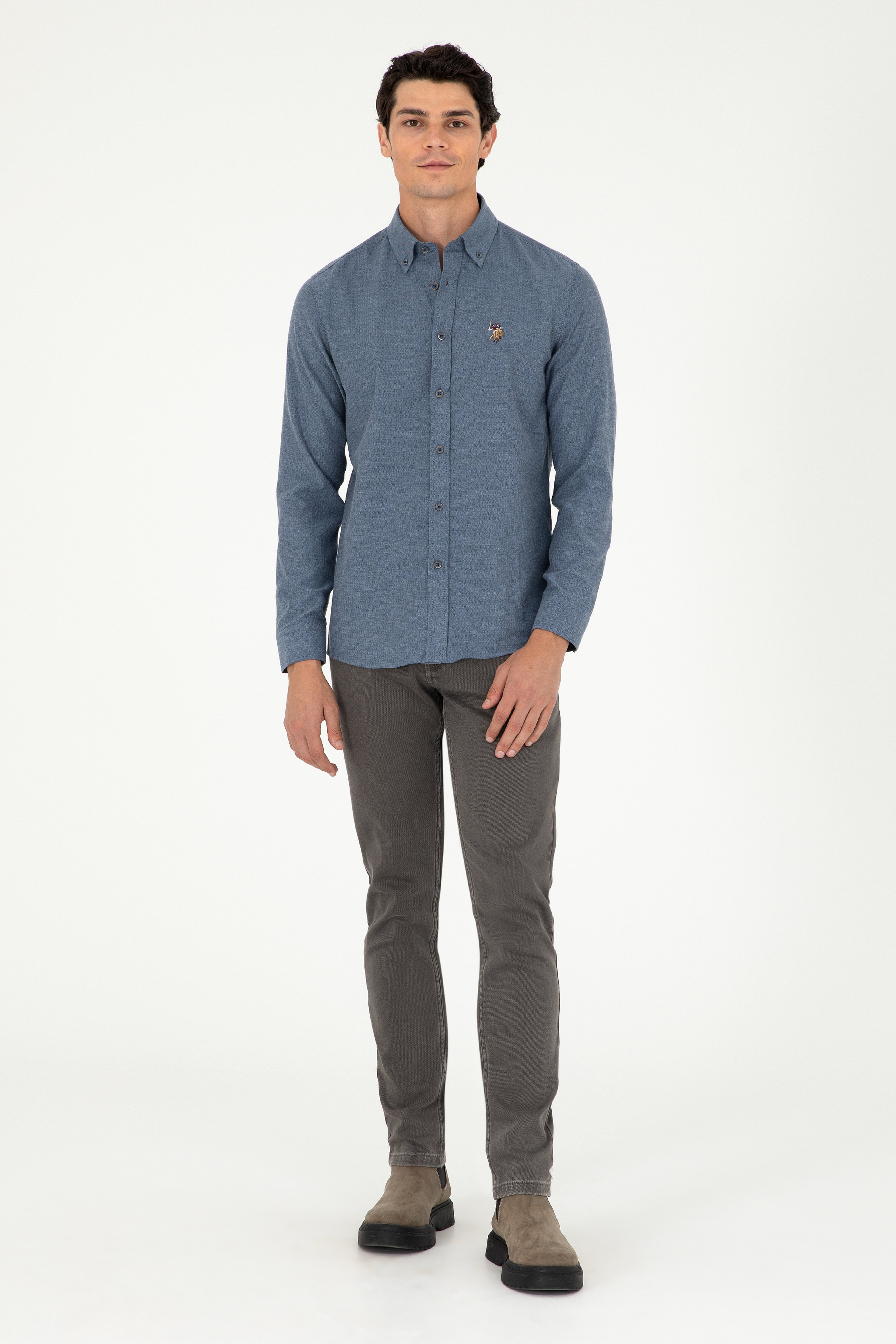 Erkek İndigo Uzun Kollu Basic Gömlek - Image 4