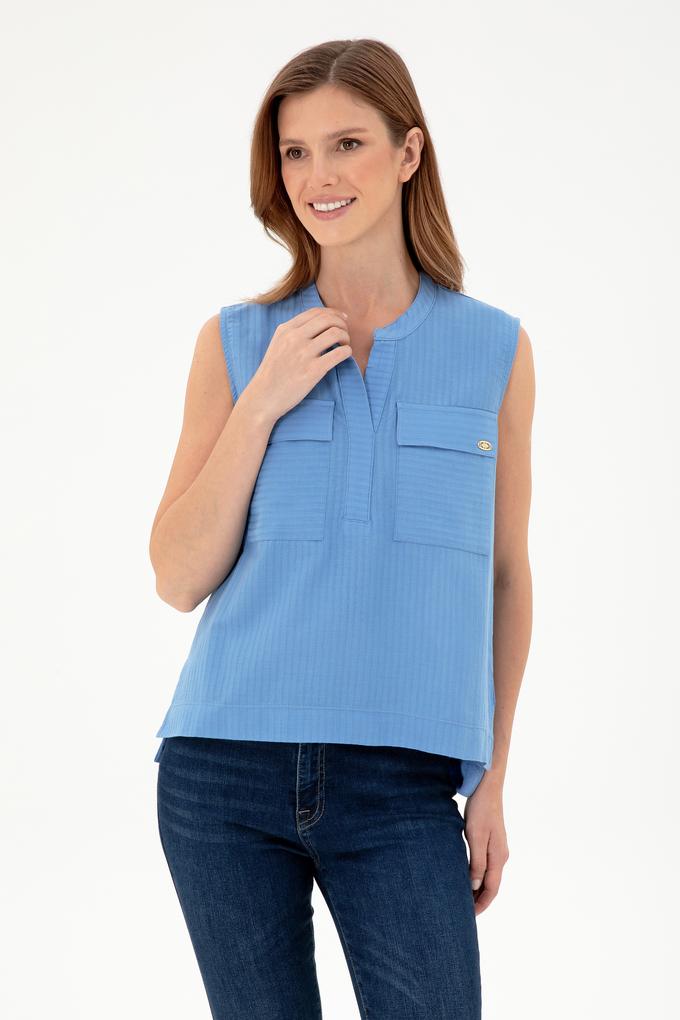 Kadın Koyu Mavi Kolsuz Hakim Yaka Tişört