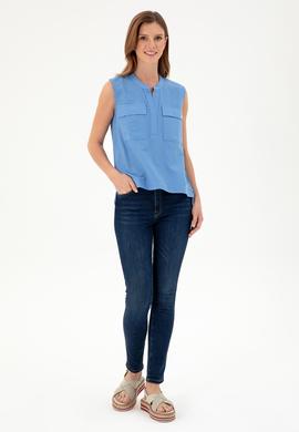 Kadın Koyu Mavi Kolsuz Hakim Yaka Tişört - 50283361013