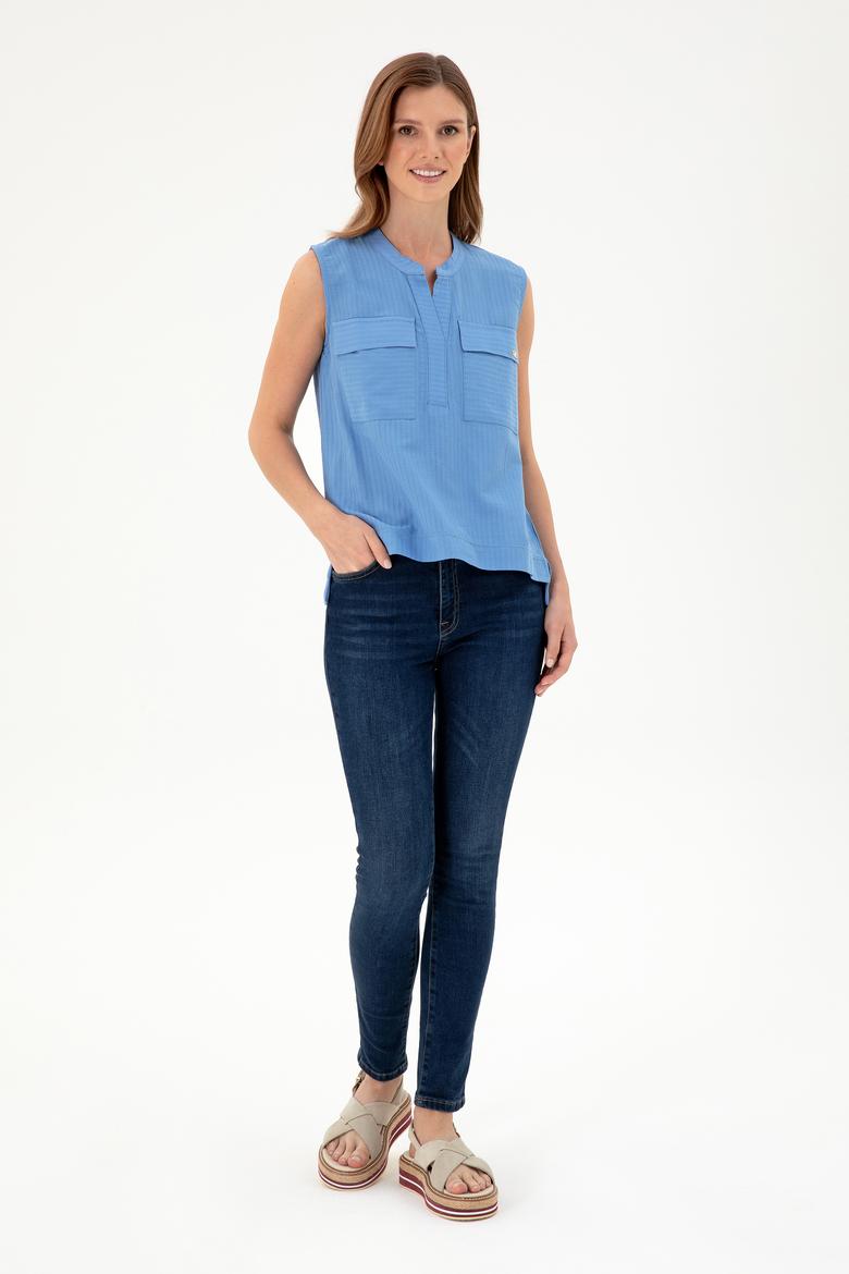 Kadın Koyu Mavi Kolsuz Hakim Yaka Tişört - 50283361013