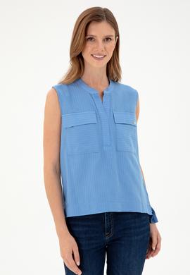 Kadın Koyu Mavi Kolsuz Hakim Yaka Tişört - 50283361013