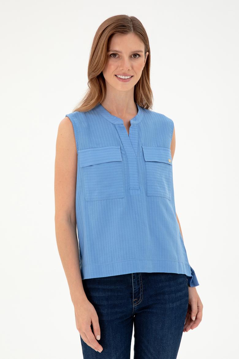 Kadın Koyu Mavi Kolsuz Hakim Yaka Tişört - 50283361013