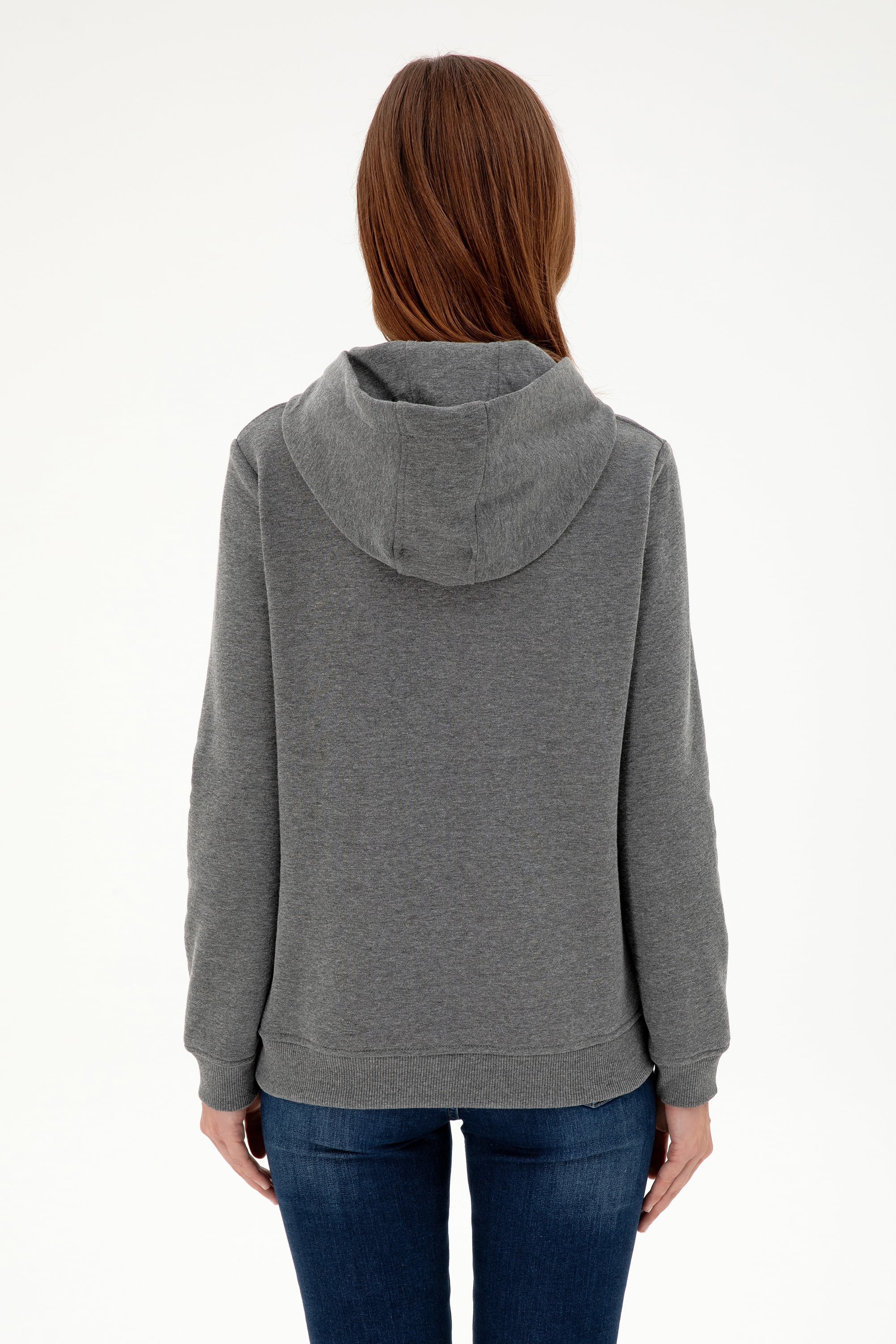 Kadın Antrasit Melanj Basic Kapüşonlu Sweatshirt - Image 5